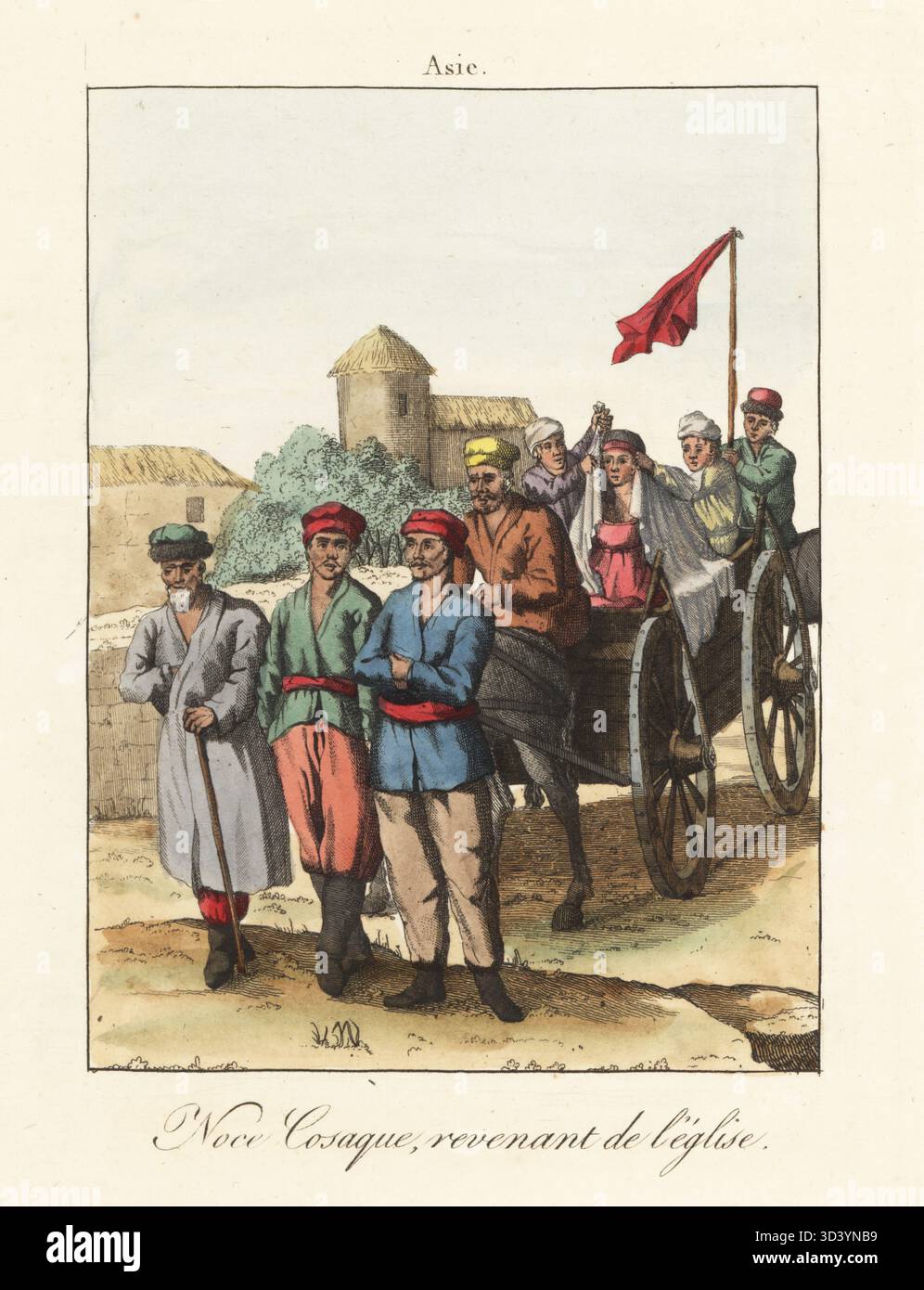 Sposa e sposo cosacchi degli Urali che lasciano la chiesa dopo la loro cerimonia di nozze, Russia. La sposa cavalca in una carrozza aperta, il suo viso coperto di veli. Lo sposo e i suoi genitori camminano davanti mentre un cavaliere issa dietro una bandiera rossa. Noce Cosaque, Revenant de l'eglise. Incisione in rame colorata a mano da Moeurs et Coutumes des Peuples ou Collection de Tableaux représentant les usages remarquables, les mariages, funérailles, supplices et fêtes des diverses Nations du monde, Manners and Customs of Peoples, Veuve Hocquart, Parigi, 1811. Foto Stock