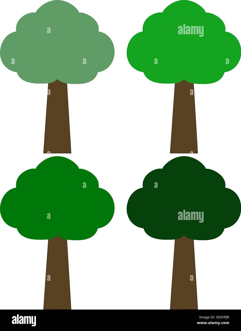 Set di quattro alberi verdi stilizzati con tronchi marroni isolati su sfondo bianco. Illustrazione dell'icona del cartone animato Illustrazione Vettoriale