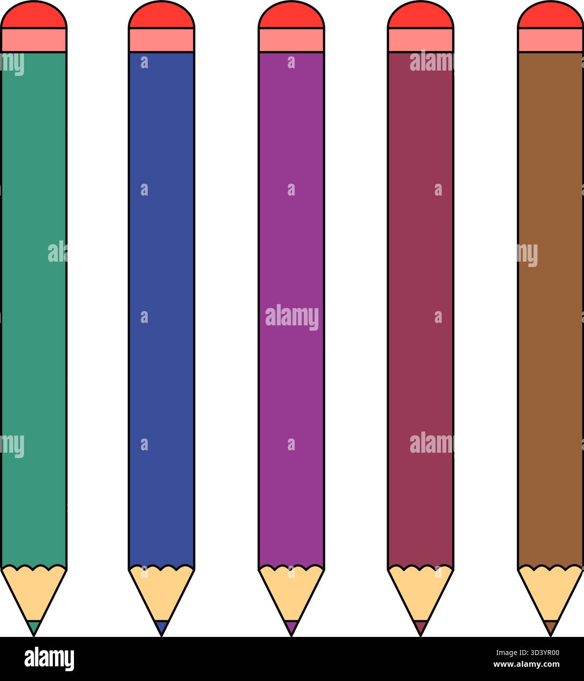 Set di cinque colorate matite vettoriali per cartoni animati con gomme in tonalità più scure e silenziose. Strumenti di disegno o scrittura per progetti scolastici o artistici Illustrazione Vettoriale