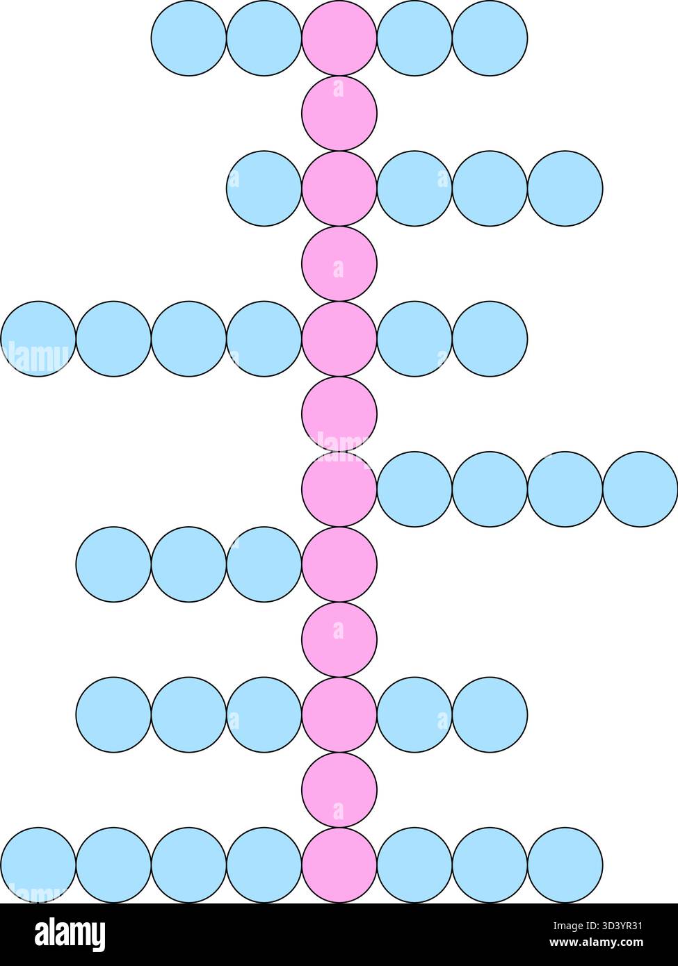 Colonna verticale di cerchi rosa con rami orizzontali blu che formano un puzzle minimalista a parole incrociate Illustrazione Vettoriale