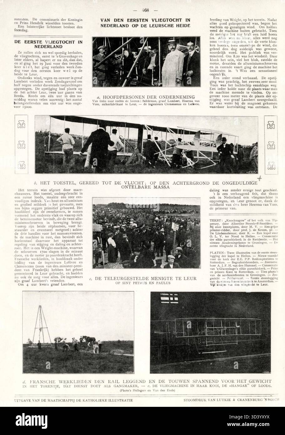 Nel giugno 1909, Charles de Lambert divenne il primo a pilotare un aereo motorizzato sui Paesi Bassi, un risultato significativo nella storia dell'aviazione. Questo momento è documentato in un articolo della "Katholieke Illustratie". Foto Stock