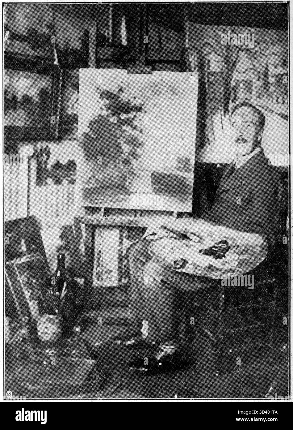 Questa foto mostra Piet de Regt nel suo studio a l'Aia il 20 luglio 1928. De Regt era un artista olandese noto per le sue opere di pittura e scultura all'inizio del XX secolo. Foto Stock