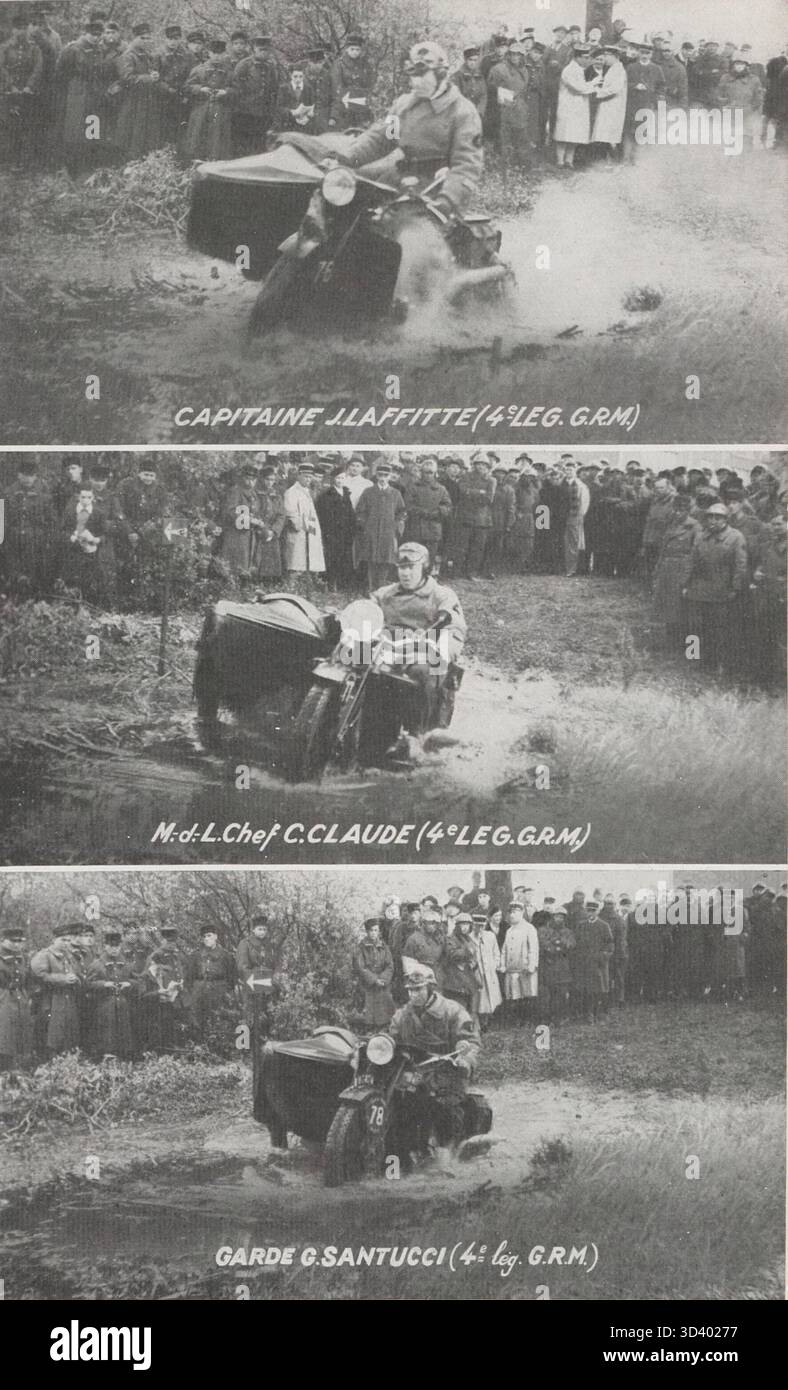 Una fotografia tra il 30 aprile e il 15 maggio 1938 che mostra i motociclisti militari che navigano su terreni diversi durante il Tour de France militaire motociclista. I piloti fanno parte della IV Legione della GRM, con i capitani Laffitte e Claude a capo del gruppo. Foto Stock