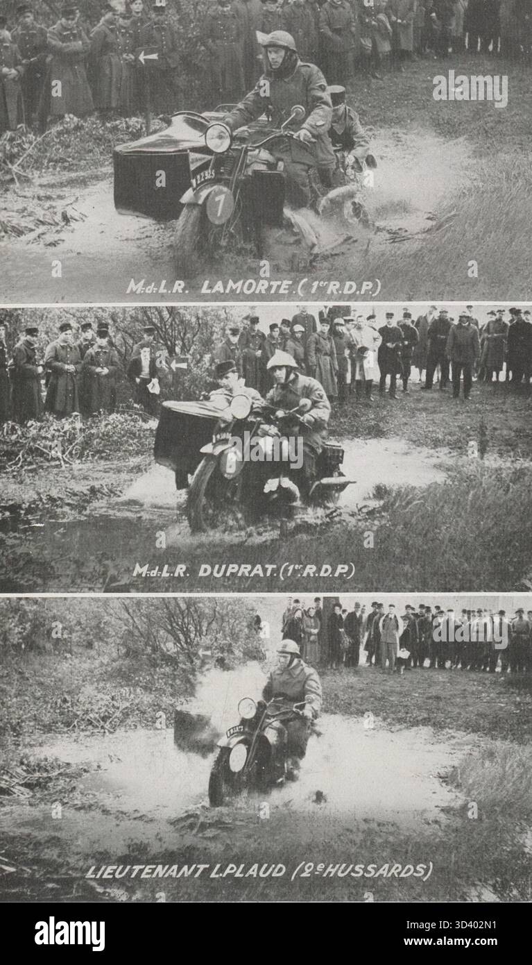 Questa foto del Tour de France militaire motociclista, scattata tra il 30 aprile e il 15 maggio 1938, cattura i piloti militari che navigano su terreni diversi. I piloti includono M.D.L. Lamorte (1° RDP), M.D.L. Duprat (1° RDP) e il tenente Plaud (2° Ussari). Pubblicato in *Plein Ciel*. Foto Stock