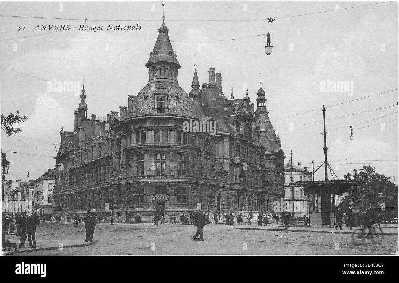Una cartolina pre-guerra della Nationale Bank di Anversa, scritta interamente in francese. Questa voce storica rappresenta la corrispondenza bancaria degli inizi del XX secolo. Foto Stock