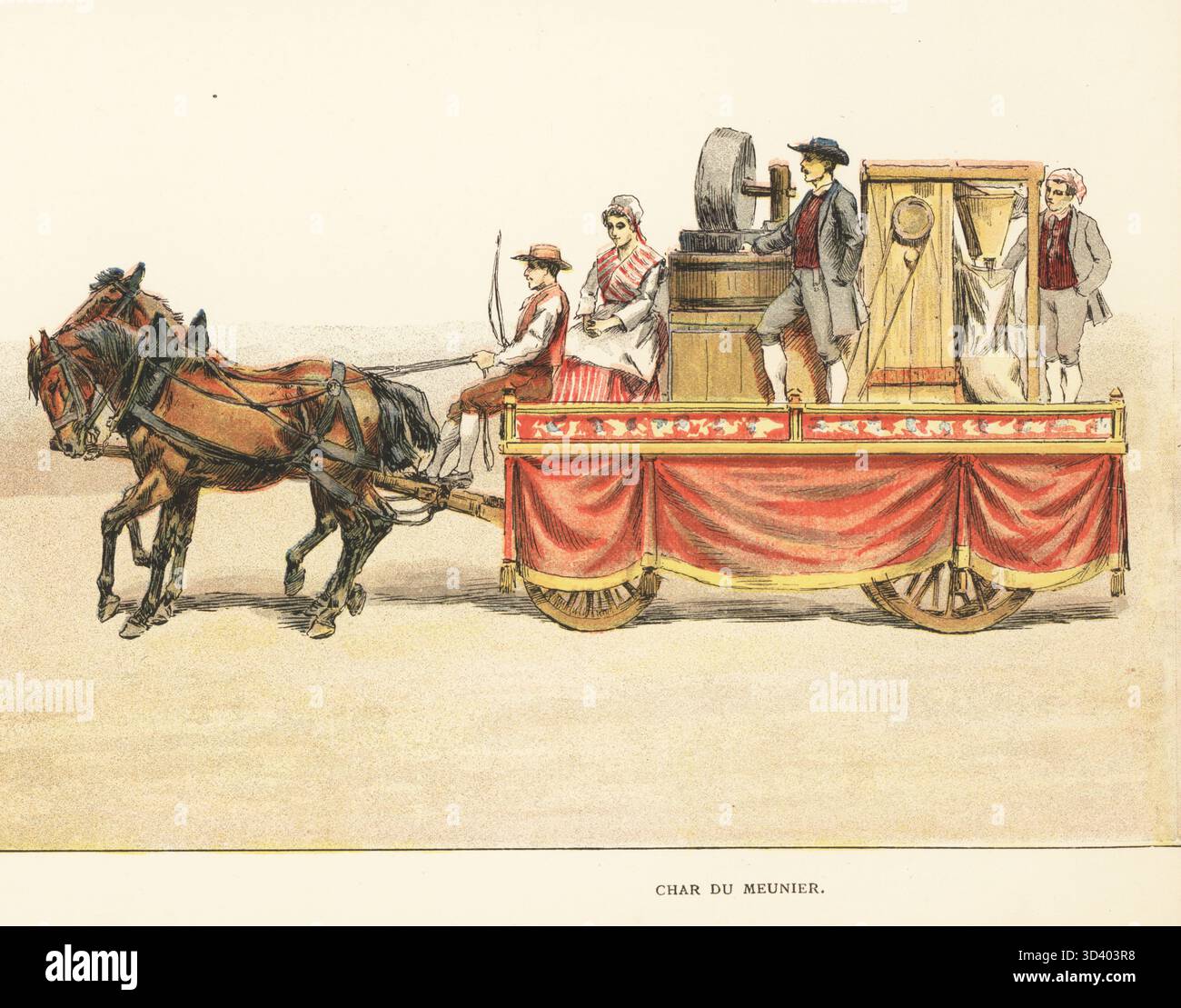 Il galleggiante dei mulini trainato da due cavalli. Un mugnaio e sua moglie posano accanto a una mola e un lavoratore sacca la farina macinata sul retro. Char du Meunier. Chromolithograph di S. Krakow da album Officiel de la Fete des Vignerons, album ufficiale del Festival dei viticoltori, Loertscher and Jacot-Guillarmod, Vevey, Svizzera, 1889. Oltre 1.300 artisti hanno partecipato alla sfilata musicale al vi Festival. Foto Stock