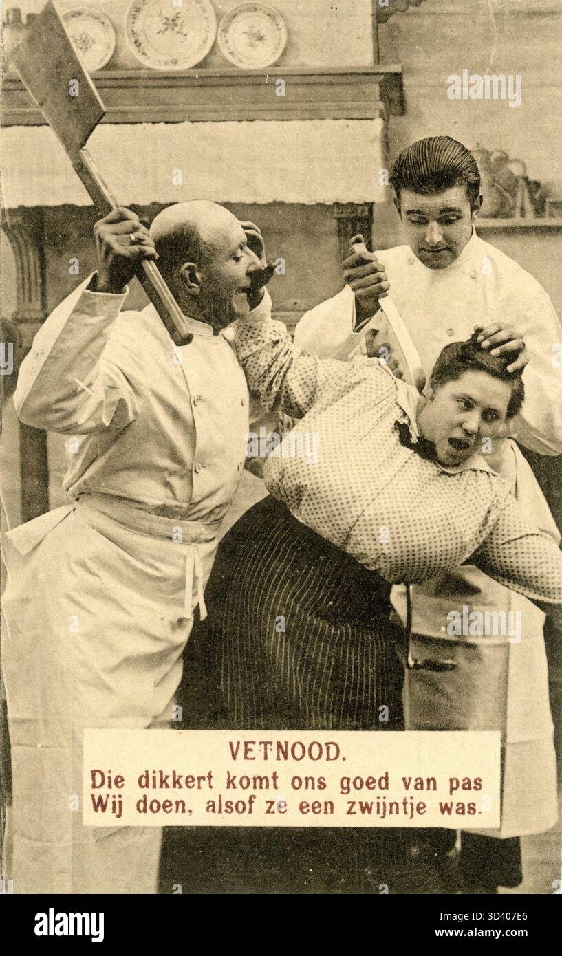 Una cartolina propagandistica della prima guerra mondiale con un cartone animato sulle carenze alimentari nei Paesi Bassi, con la dicitura "carenza di grassi". Quel grasso è utile. Facciamo finta che sia un maiale." Data e luogo sconosciuti (probabilmente tra il 1914 e il 1918). Foto Stock