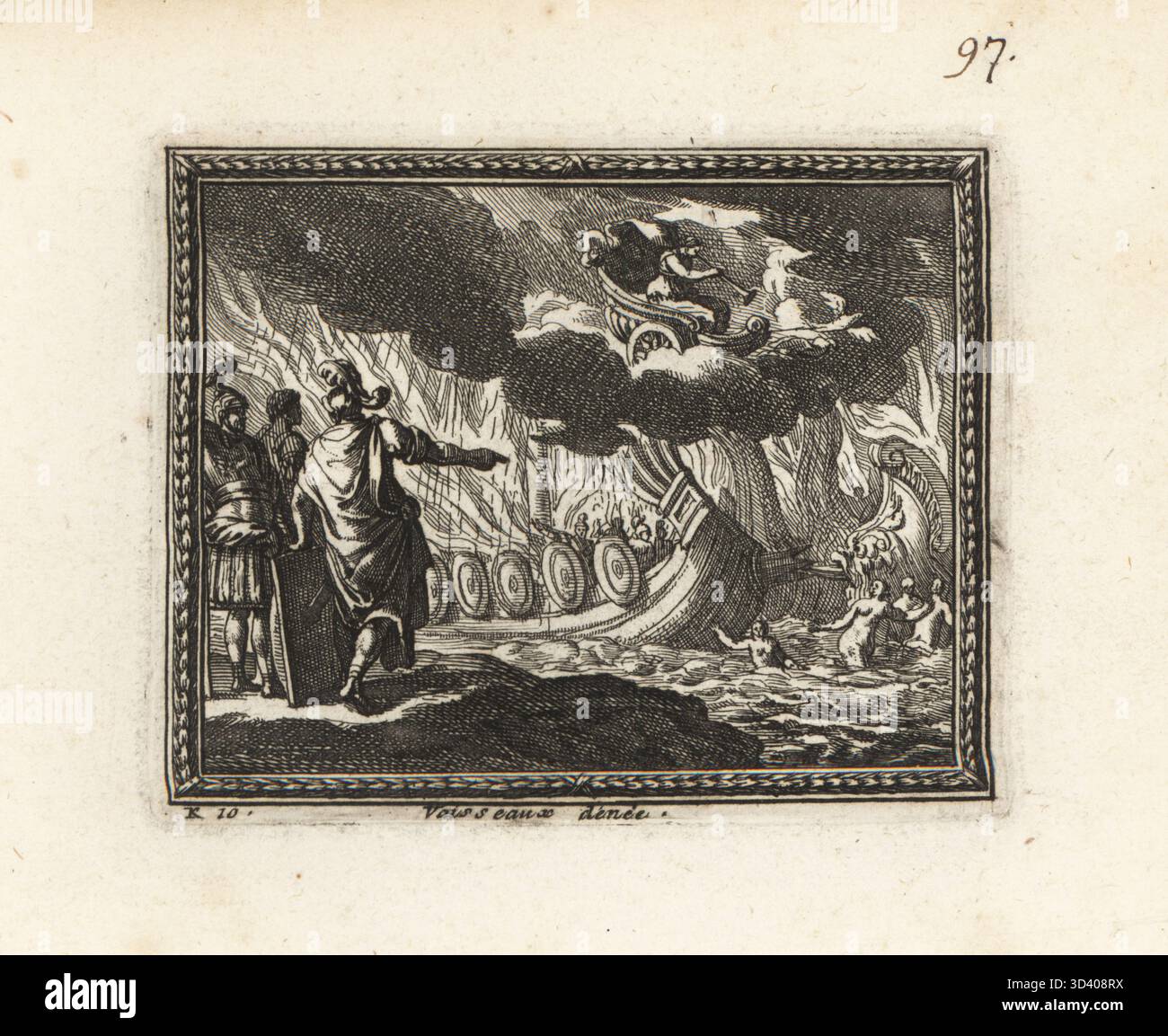 Venere trasforma le navi in fiamme di Enea in ninfe marine. Durante la battaglia navale tra Turnus ed Enea, i galeoni troiani furono incendiati. La madre di Enea, Venere, in un carro trainato da cigni, o Cibele, madre degli dei, salvò le navi trasformandole in ninfe. Vaisseaux d'Enee en nimphes. Incisione in rame da Metamorphoses d'Ovide en rondeaux, Metamorphoses di Ovidio, chez Audran, Parigi, 1676. Foto Stock