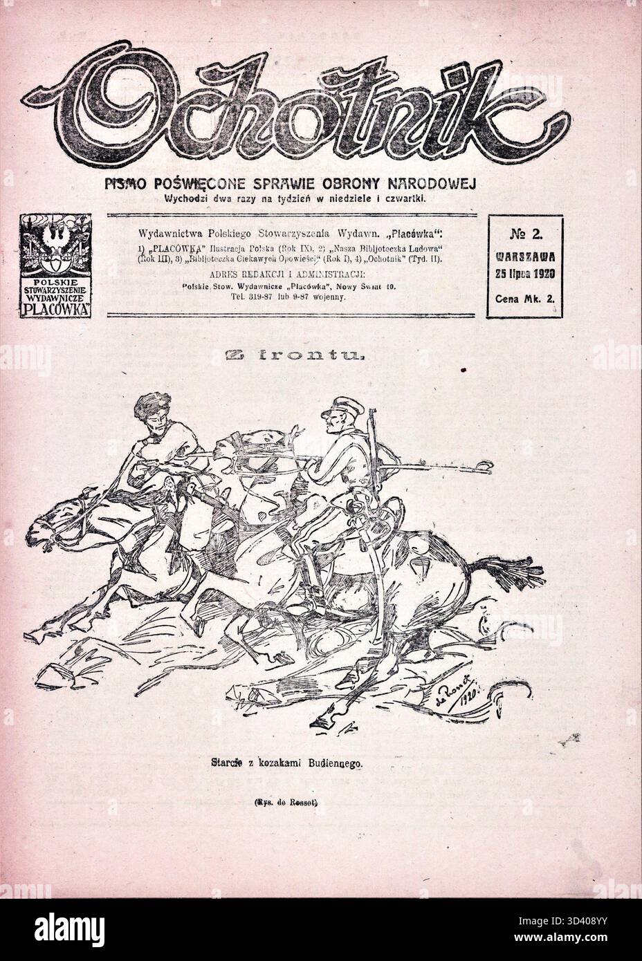 Copertina della rivista polacca 'Ochotnik' numero 2, datata 25 luglio 1920. La rivista faceva parte della stampa polacca interbellica, offrendo commenti culturali e politici durante il periodo. Foto Stock