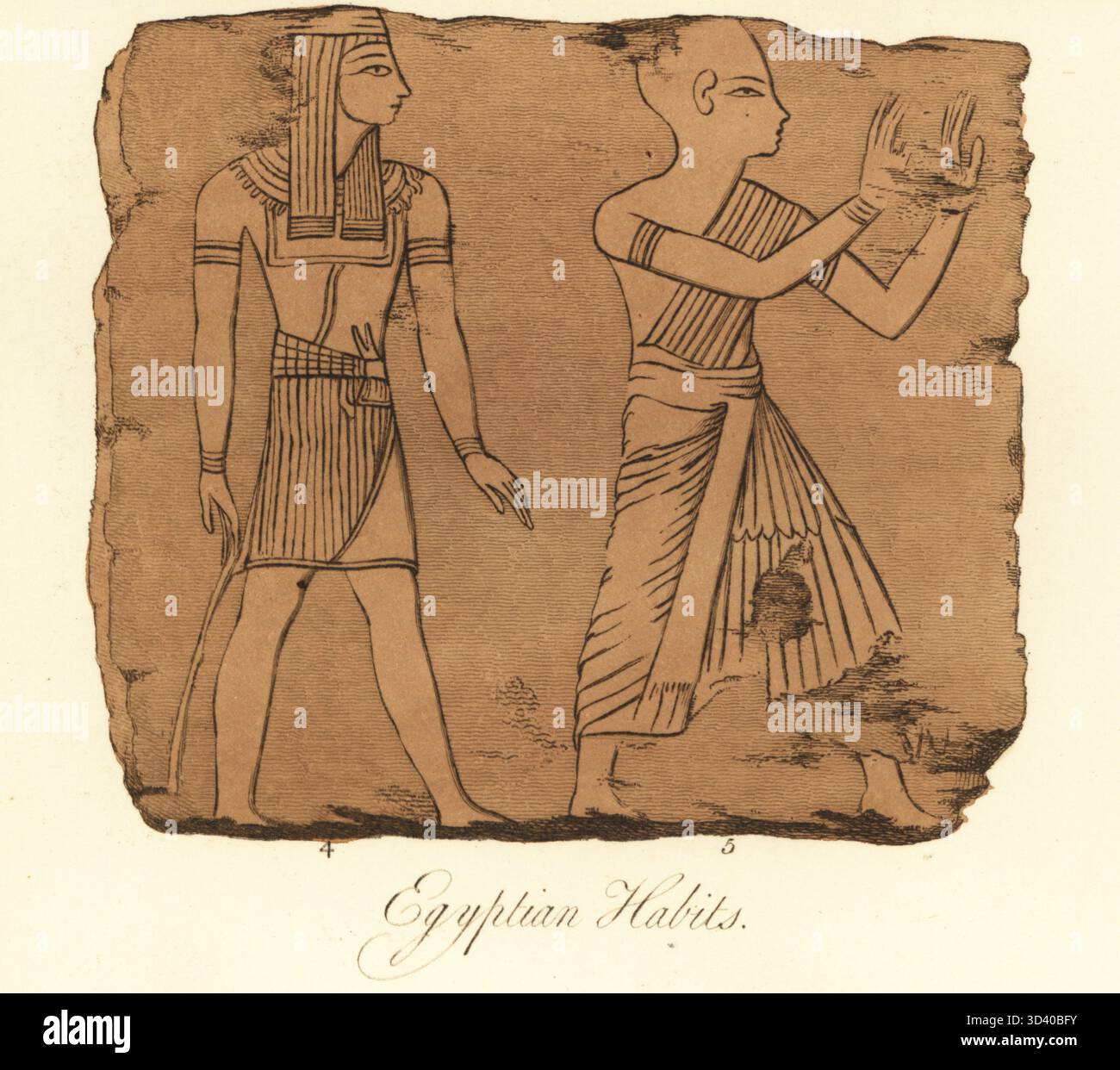 Antico abito egiziano. Da un coperchio piatto della bara in un caso con una mummia al British Museum. Incisione colorata a mano di Joseph Strutt dalla sua visione completa dell'abito e delle abitudini del popolo d'Inghilterra, Henry Bohn, Londra, 1842. Foto Stock
