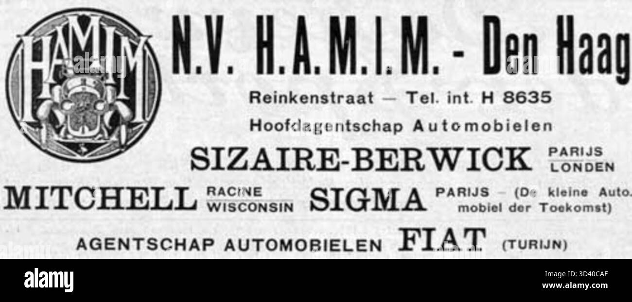 Annuncio pubblicato nel novembre 1919 da Sigma (Francia) per H.A.M.I.M. a l'Aia, Paesi Bassi. Foto Stock