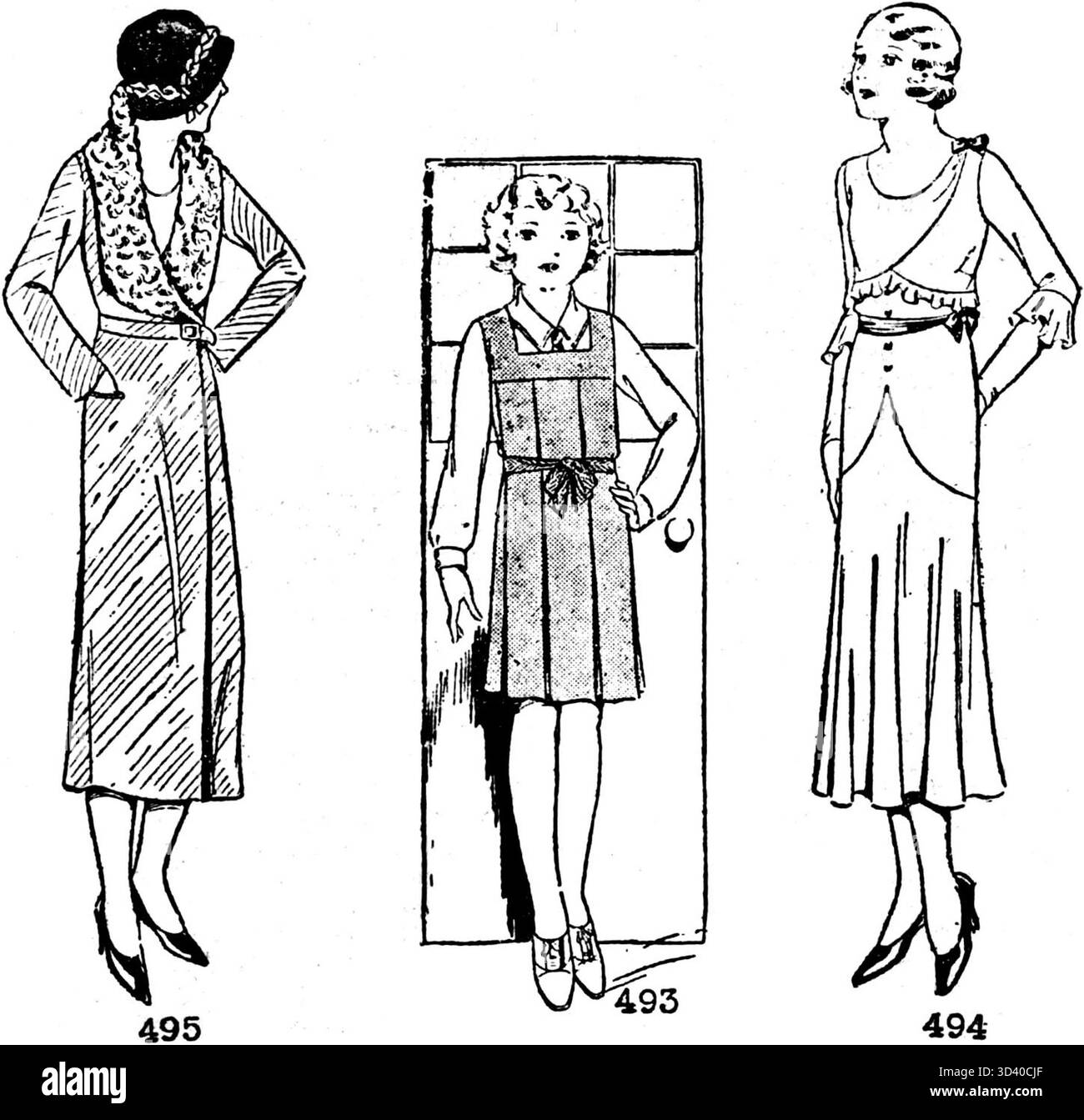 Questa illustrazione del 1932 del "Nieuwsblad van het Noorden" presenta dettagliati motivi di cucito, che offrono informazioni sul design della moda e sulle tecniche tessili dei primi anni del XX secolo. Foto Stock