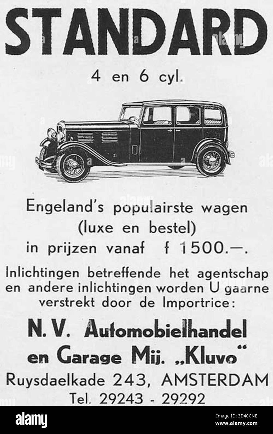Un annuncio pubblicitario del 1932 per Standard (GB), con Kluvo ad Amsterdam, che illustra il prodotto o il servizio dell'azienda in quel momento. Foto Stock
