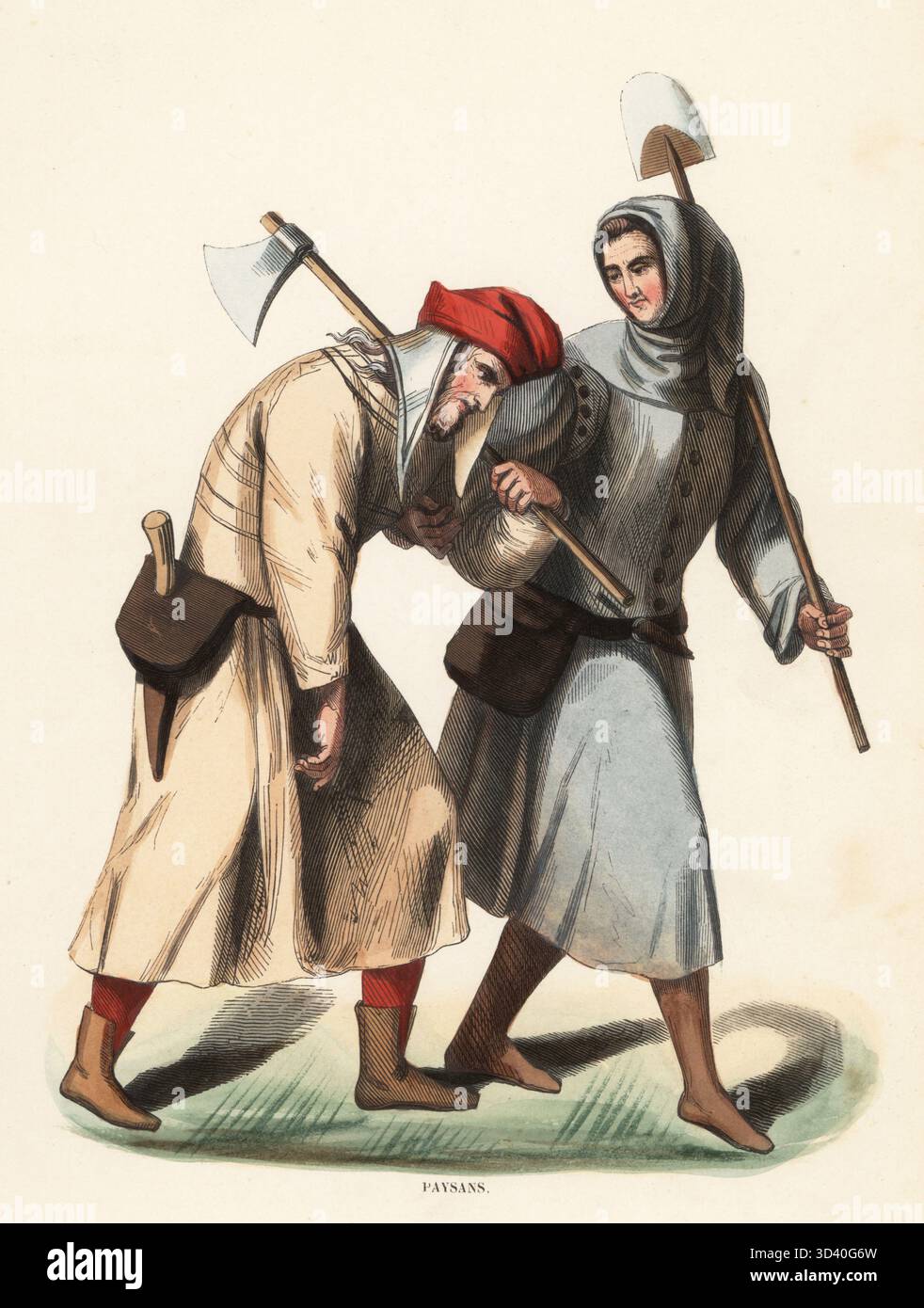 Costume di contadini francesi, XIV secolo. Uno in lana grigia con cappuccio e abbottonata e pala, che sorregge un uomo barbuto esausto in abito biancastro, berretto, stivali in pelle, borsa da regalo, che tiene in mano un'ascia. Paysans, XIVe siecle. Incisione in legno a mano da Costume du Moyen Age, Medieval Costume, Librairie Historique-Artistique, Bruxelles, 1847. Foto Stock