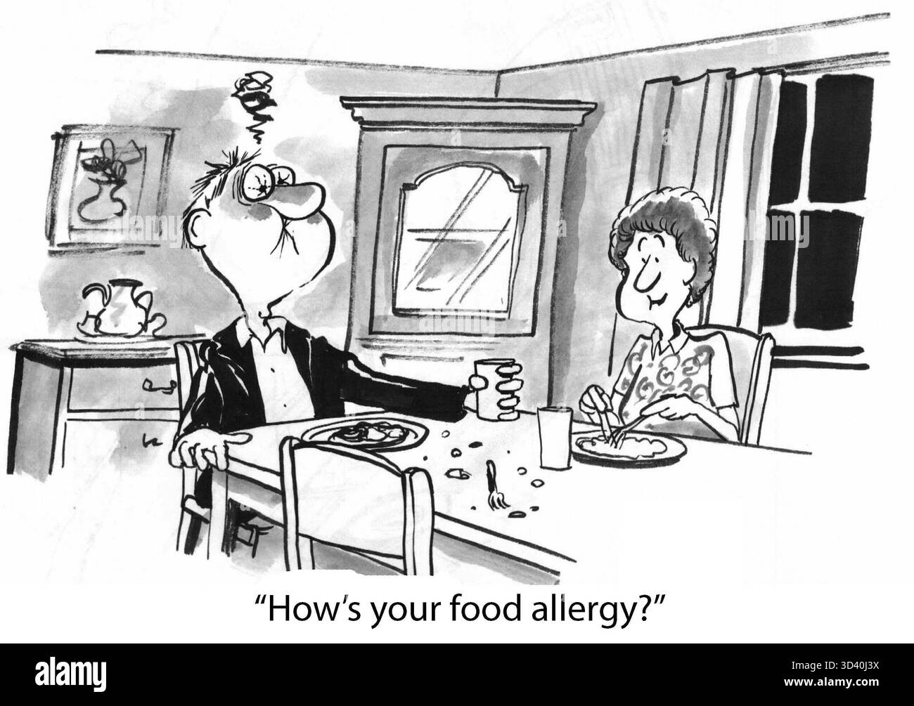 Il marito ha una cattiva reazione al cibo. Foto Stock
