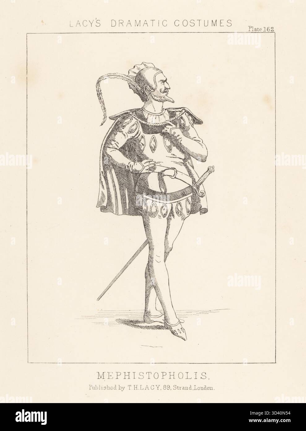 Costume da teatro per Mefistofele nell'opera Faust di Charles Gounod, 1859. Mephistopholis. Demone in cappuccio con piuma lunga, mantello corto, tunica, tubo, armato di spada. Litografia da Thomas Hailes Lacy's male Costumes, Historical, National and Dramatic in 200 Plates, Londra, 1865. Lacy (1809-1873) è stato un attore, drammaturgo, direttore teatrale ed editore britannico. Foto Stock