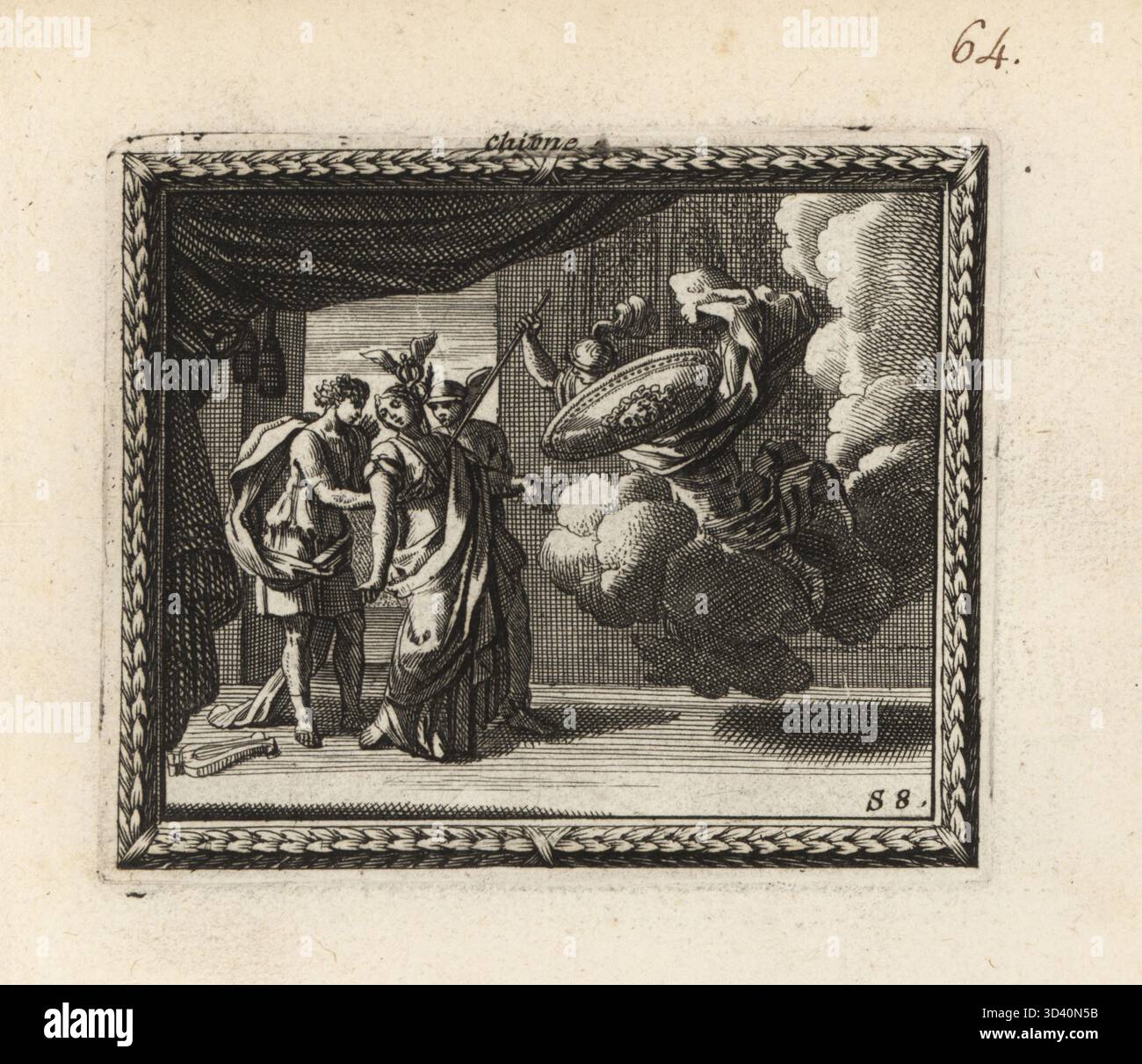 La dea cacciatrice Diana che uccide Chione, figlia del re Daedalion. Chione era madre di gemelli dagli dei mercurio e Apollo, Diana era infuriata dal suo orgoglio e arroganza. Diana galleggia su una nuvola, con casco e scudo, attaccando Chione con un dardo. Chione è sostenuta da Apollo con una lira, mercurio con elmetto alato e caduceo. Chione. Incisione in rame da Metamorphoses d'Ovide en rondeaux, Metamorphoses di Ovidio, chez Audran, Parigi, 1676. Foto Stock