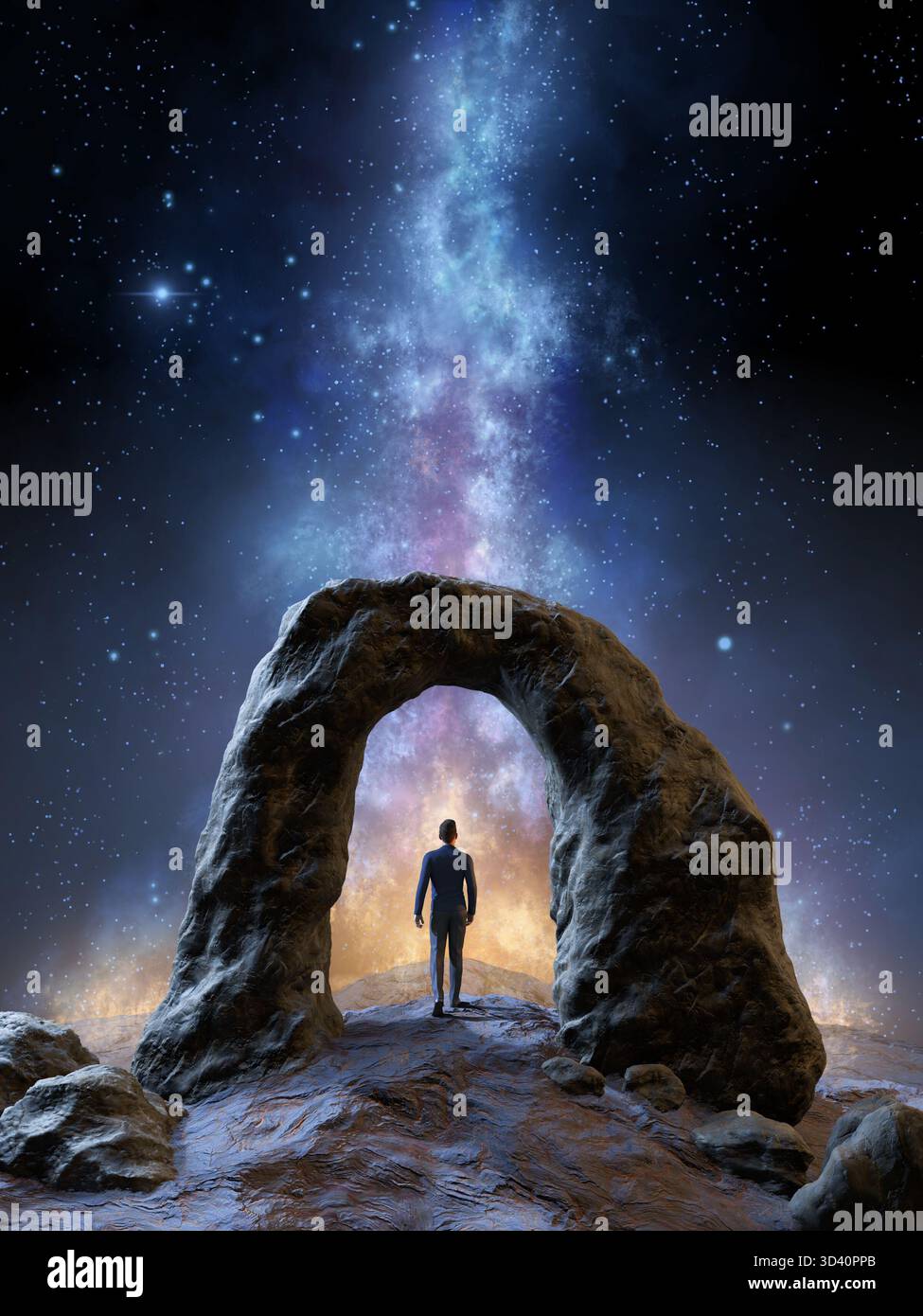 Uomo in piedi sotto una formazione rocciosa ad arco, sopra un cielo notturno con nebulose. Illustrazione digitale, rendering 3D. Foto Stock