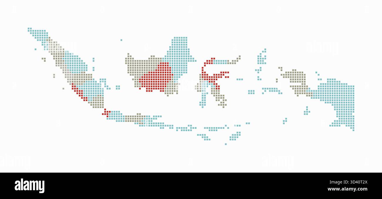 Mappa punteggiata dell'Indonesia. Mappa digitale del paese su sfondo bianco. Forma indonesiana con punti quadrati. Stile puntini colorati. Quadrati di piccole dimensioni. Illustrazione Vettoriale