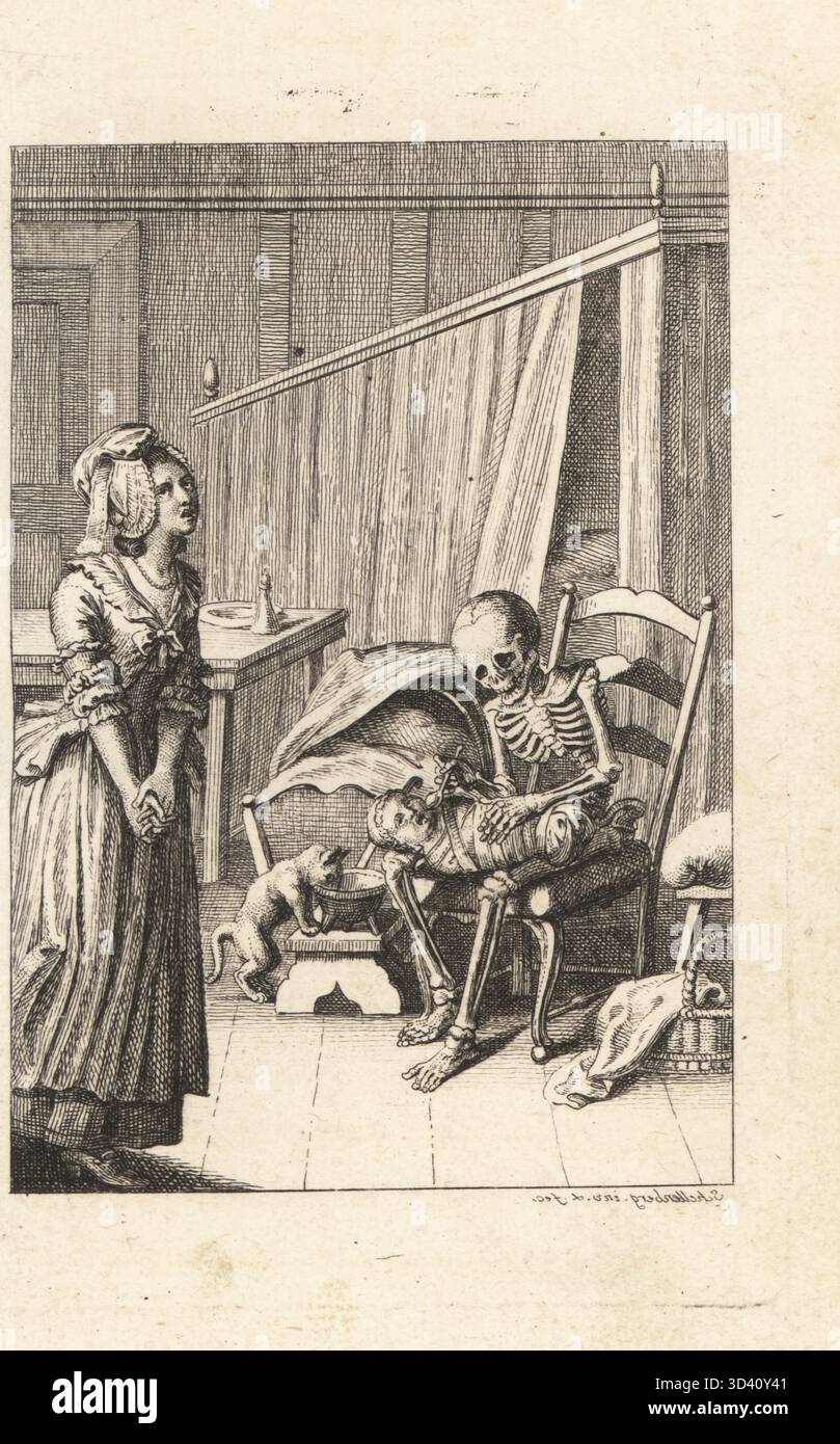 Lo scheletro della morte nutre un bambino in abiti a dorso con un cucchiaio in una camera da letto, XVIII secolo. La madre guarda con orrore, e un gatto lecca il latte da una ciotola accanto alla culla. La morte e il bambino in abiti da ginnastica. Sgradito zelo. Firma con scritta a specchio. Unwillfommene Diestbeflissenheit. Incisione su lastra di rame disegnata e incisa da Johann Rudolf Schellenberg da Freund Heins Erscheinungen di Johan Karl Musaus in Holbeins Manier, (apparizioni di morte alla maniera di Holbein), Heinrich Steiner, Winterthur, 1785. Foto Stock