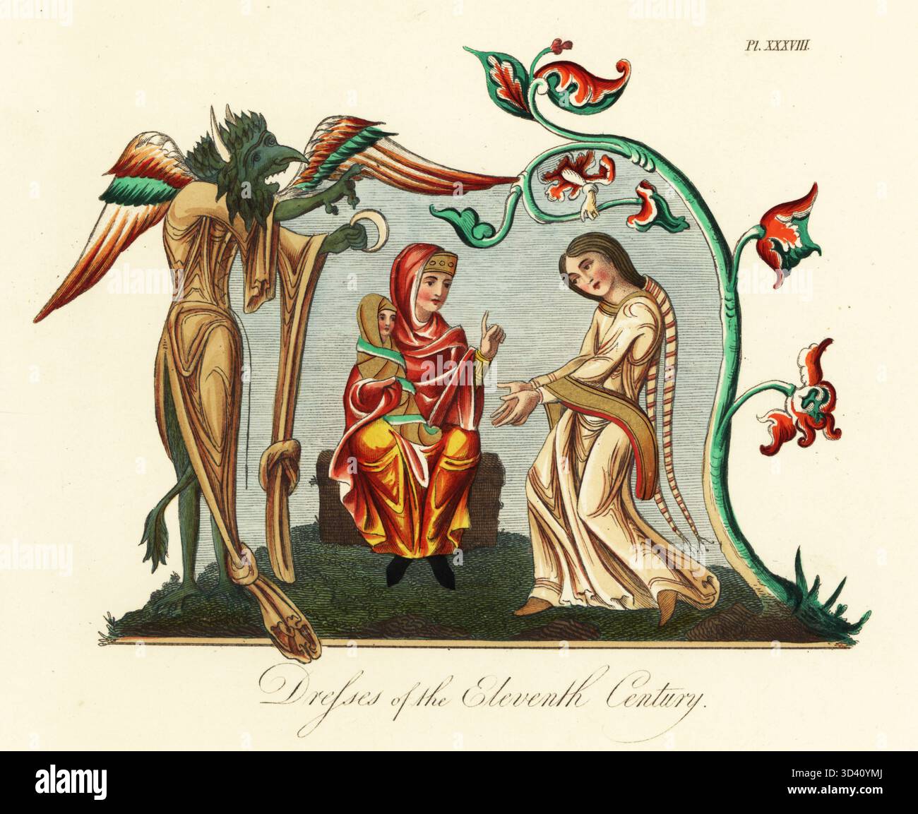 Abiti da donna dell'XI secolo. Donna in velo e diadema che tiene in braccio un bambino in abiti a pagaia dal Manuscipt Heliand, Caligola A xiv e diavolo alato dal Salterio di Winchester, Cotton Nero C iv. Incisione colorata a mano di Joseph Strutt dalla sua visione completa dell'abito e delle abitudini del popolo d'Inghilterra, Henry Bohn, Londra, 1842. Foto Stock