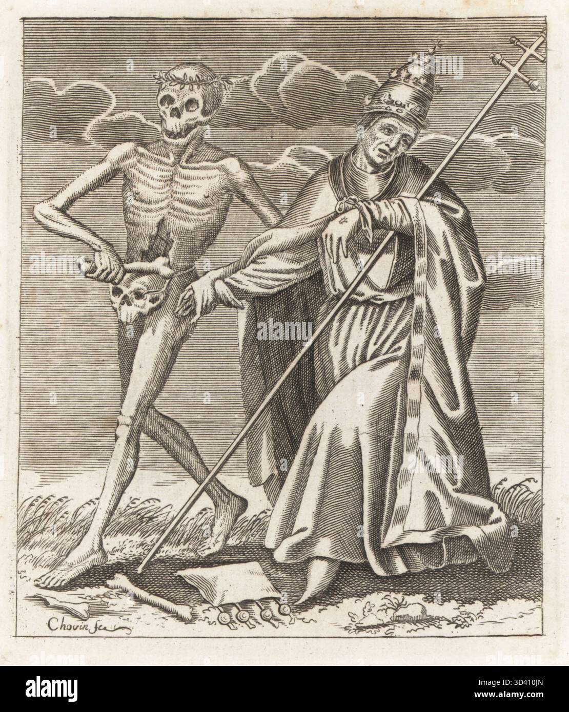 Papa e cadavere della morte. Morte in corona di spine, un teschio legato alla vita, tenendo un femore, conduce il Papa con la sua mano. Il papa in tiara papale, Cope, pallium e chasuble, con una croce. Incisione Copperplate di Jacques-Antony Chovin dopo un'illustrazione di Matthaus Merian da Todtentanz der Stadt Basilea: La danza della morte a Basilea, la Danse des Morts a Bale, Basilea, Svizzera, 1744. Foto Stock