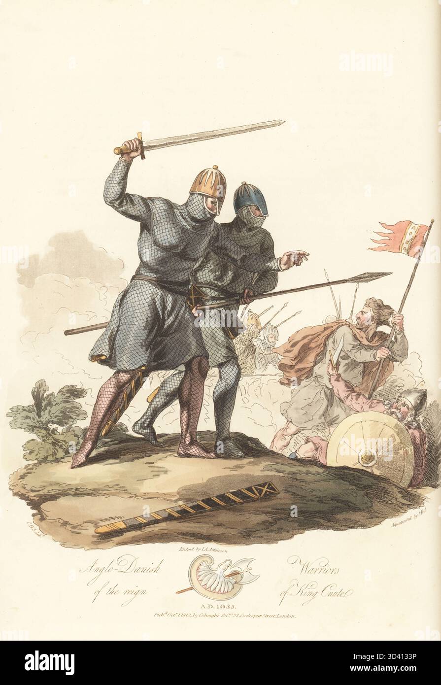 Guerrieri anglo-danesi del regno di Canuto, XI secolo. Due guerrieri con elmetto rotondo con protezione nasale, tunica da hauberk e pantaloni in qualche tipo di chainmail, pelle o trapunta cucita in filo. In battaglia con guerrieri anglosassoni con striscione. Da un libro di preghiere anglo-danese, Cotton MS Caligula A vii. Incisione su copperplate colorata a mano incisa da John Augustus Atkinson, acquatinted da John Hill, dopo un'illustrazione di Charles Hamilton Smith da sua personale Selections of Ancient Costume of Great Britain and Ireland, Colnaghi and Co., Londra, 1814. Foto Stock