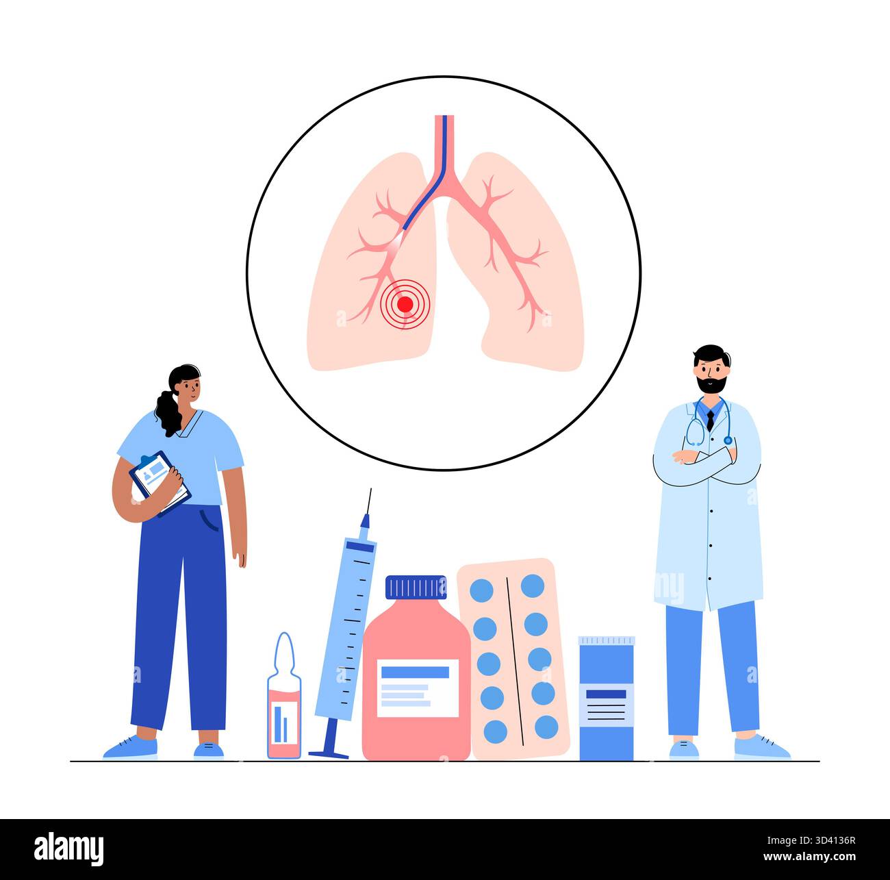 Illustrazione di una procedura broncoscopica. Ciò comporta l'inserimento di un tubo lungo, sottile e flessibile chiamato broncoscopio attraverso il naso o la bocca per esaminare il tubo del vento e le vie aeree. Viene utilizzato per diagnosticare le condizioni polmonari fornendo una visione chiara del rivestimento polmonare e consentire il prelievo di campioni di tessuto o fluido per analisi di laboratorio. Foto Stock