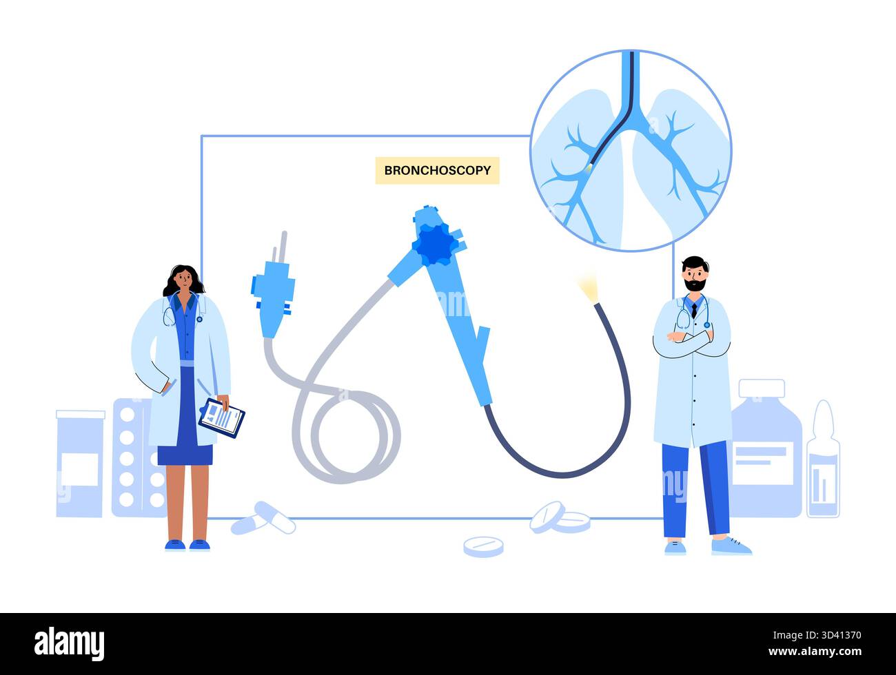Illustrazione di una procedura broncoscopica. Ciò comporta l'inserimento di un tubo lungo, sottile e flessibile chiamato broncoscopio attraverso il naso o la bocca per esaminare il tubo del vento e le vie aeree. Viene utilizzato per diagnosticare le condizioni polmonari fornendo una visione chiara del rivestimento polmonare e consentire il prelievo di campioni di tessuto o fluido per analisi di laboratorio. Foto Stock