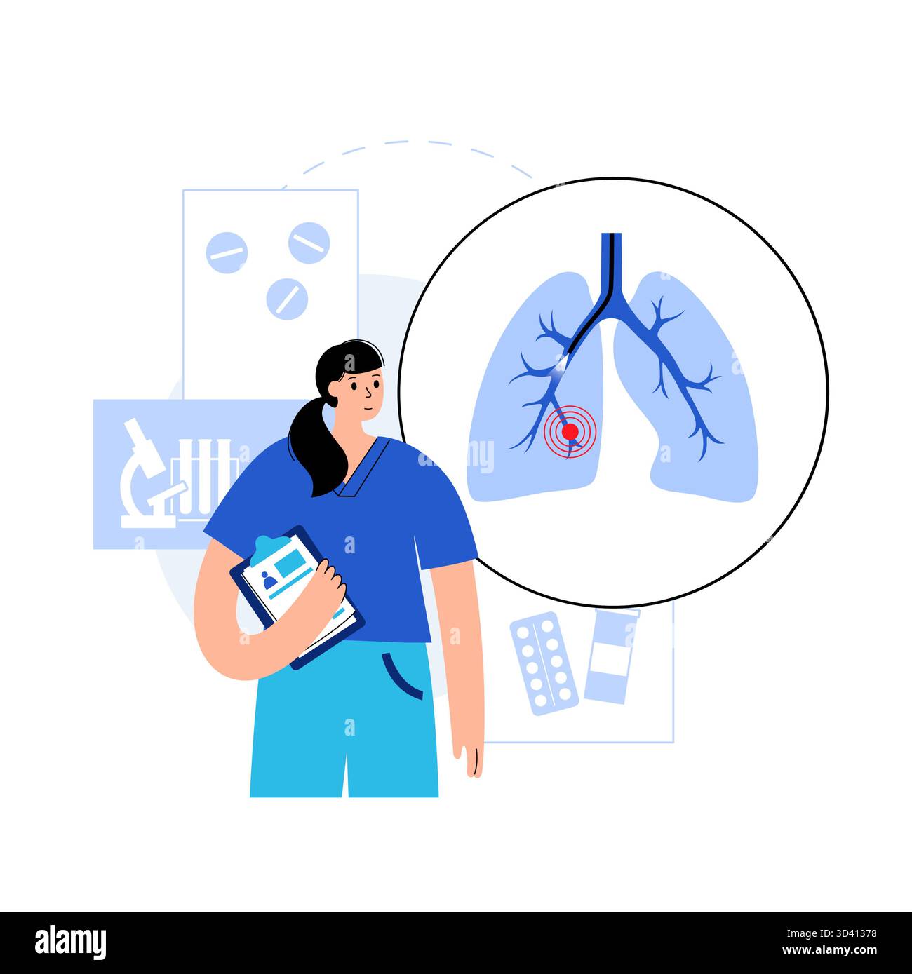Illustrazione di una procedura broncoscopica. Ciò comporta l'inserimento di un tubo lungo, sottile e flessibile chiamato broncoscopio attraverso il naso o la bocca per esaminare il tubo del vento e le vie aeree. Viene utilizzato per diagnosticare le condizioni polmonari fornendo una visione chiara del rivestimento polmonare e consentire il prelievo di campioni di tessuto o fluido per analisi di laboratorio. Foto Stock