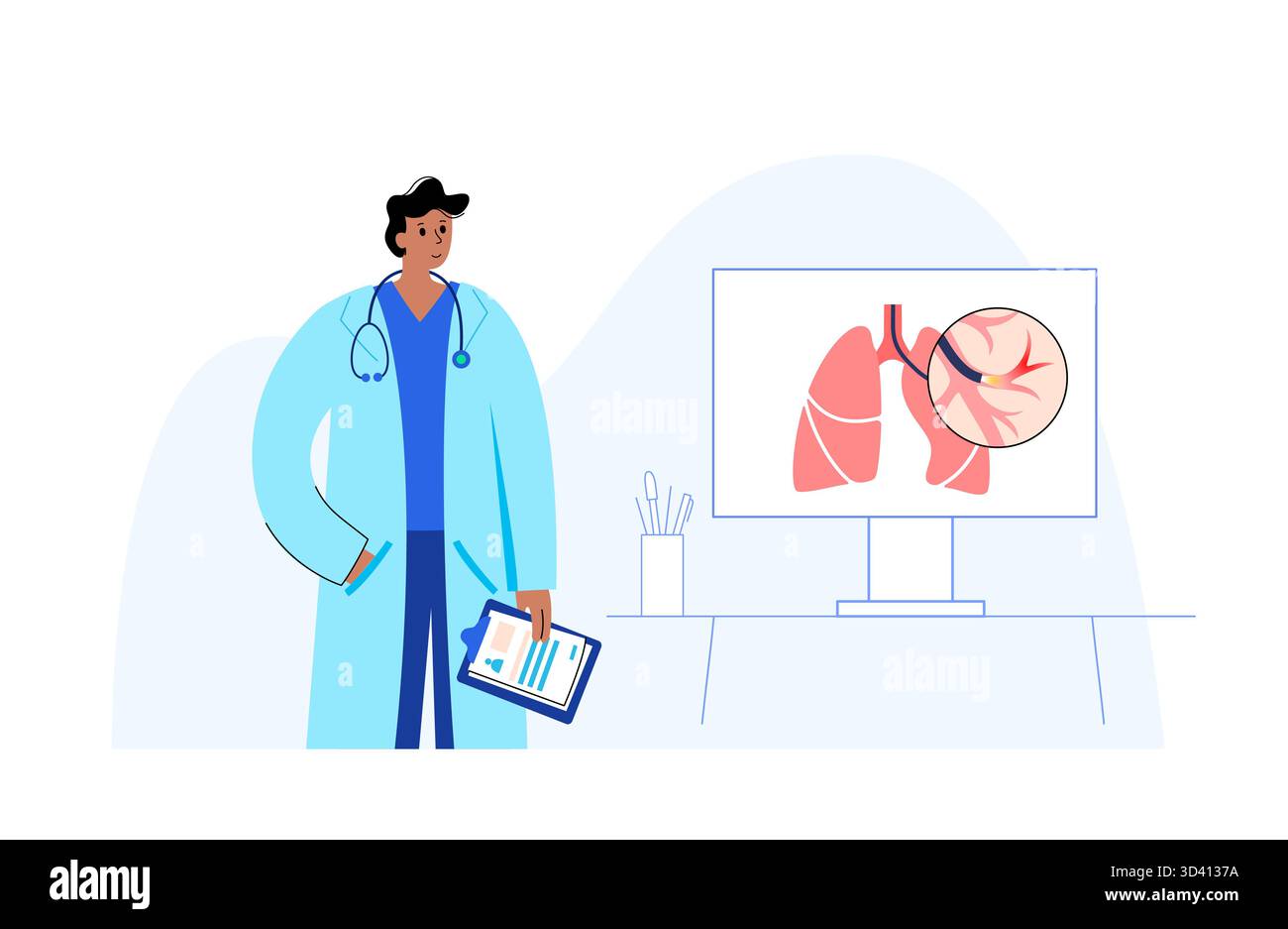 Illustrazione di una procedura broncoscopica. Ciò comporta l'inserimento di un tubo lungo, sottile e flessibile chiamato broncoscopio attraverso il naso o la bocca per esaminare il tubo del vento e le vie aeree. Viene utilizzato per diagnosticare le condizioni polmonari fornendo una visione chiara del rivestimento polmonare e consentire il prelievo di campioni di tessuto o fluido per analisi di laboratorio. Foto Stock