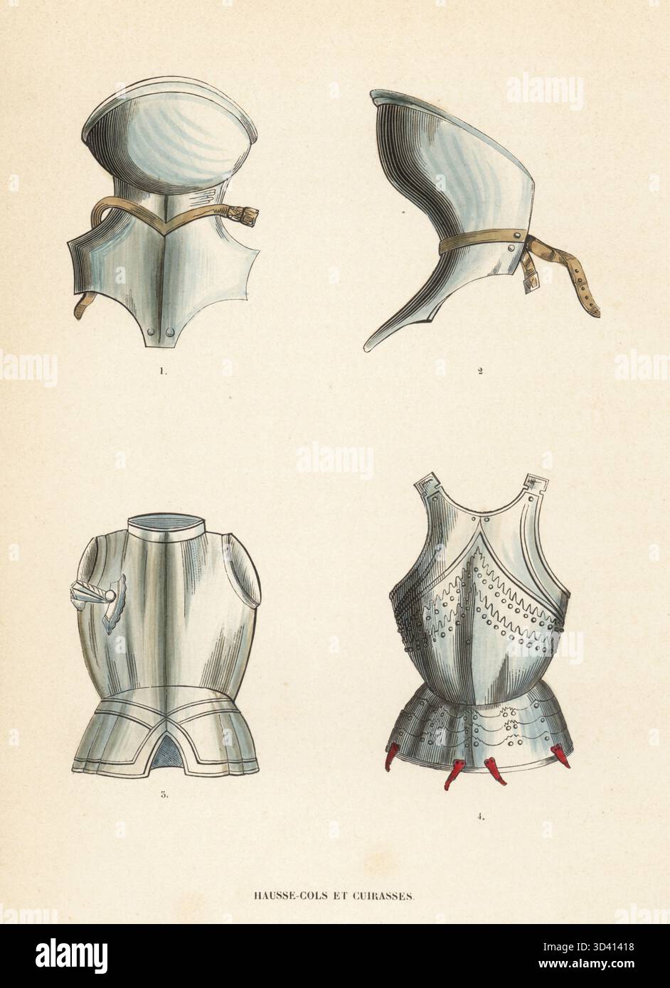 Gorgets 1,2 e pettorali 3,4, XV secolo. Tipi di armature a piastre per la guerra e i tornei. Hausse-Cols et Cuirasses, XVe siecle. Incisione in legno colorata a mano dal Costume du Moyen Age di Jacques Joseph van Beveren, costume medievale, Librairie Historique-Artistique, Bruxelles, 1847. Foto Stock