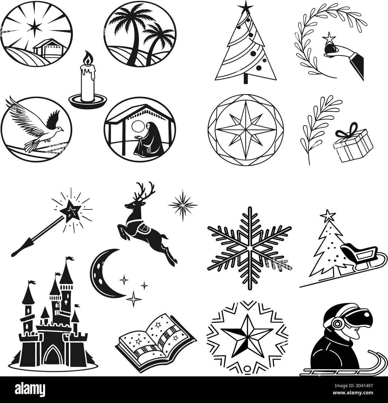 Set icone artistiche linea natalizia Illustrazione Vettoriale