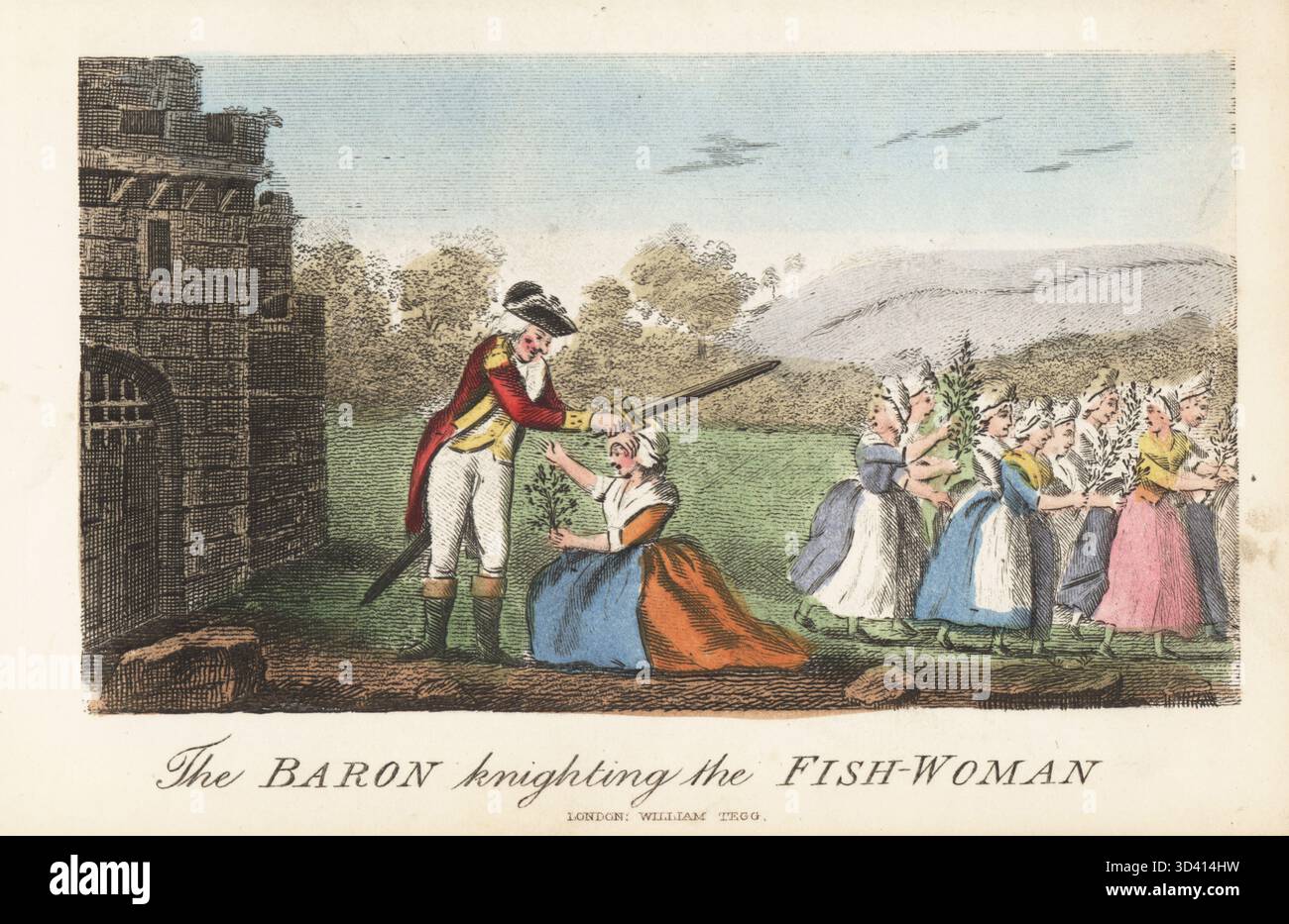 Barone Munchausen alla Rivoluzione francese. Il barone difende i reali francesi e respinge le pescivie durante la marcia verso Versailles, cavalierando una donna con la sua spada. Il barone che fa cavaliere la Fish-Woman. Incisione a mano dopo un'illustrazione di Rudolf Erich Raspe da i suoi viaggi e avventure sorprendenti del barone Munchausen, William Tegg, Londra, 1877. Foto Stock
