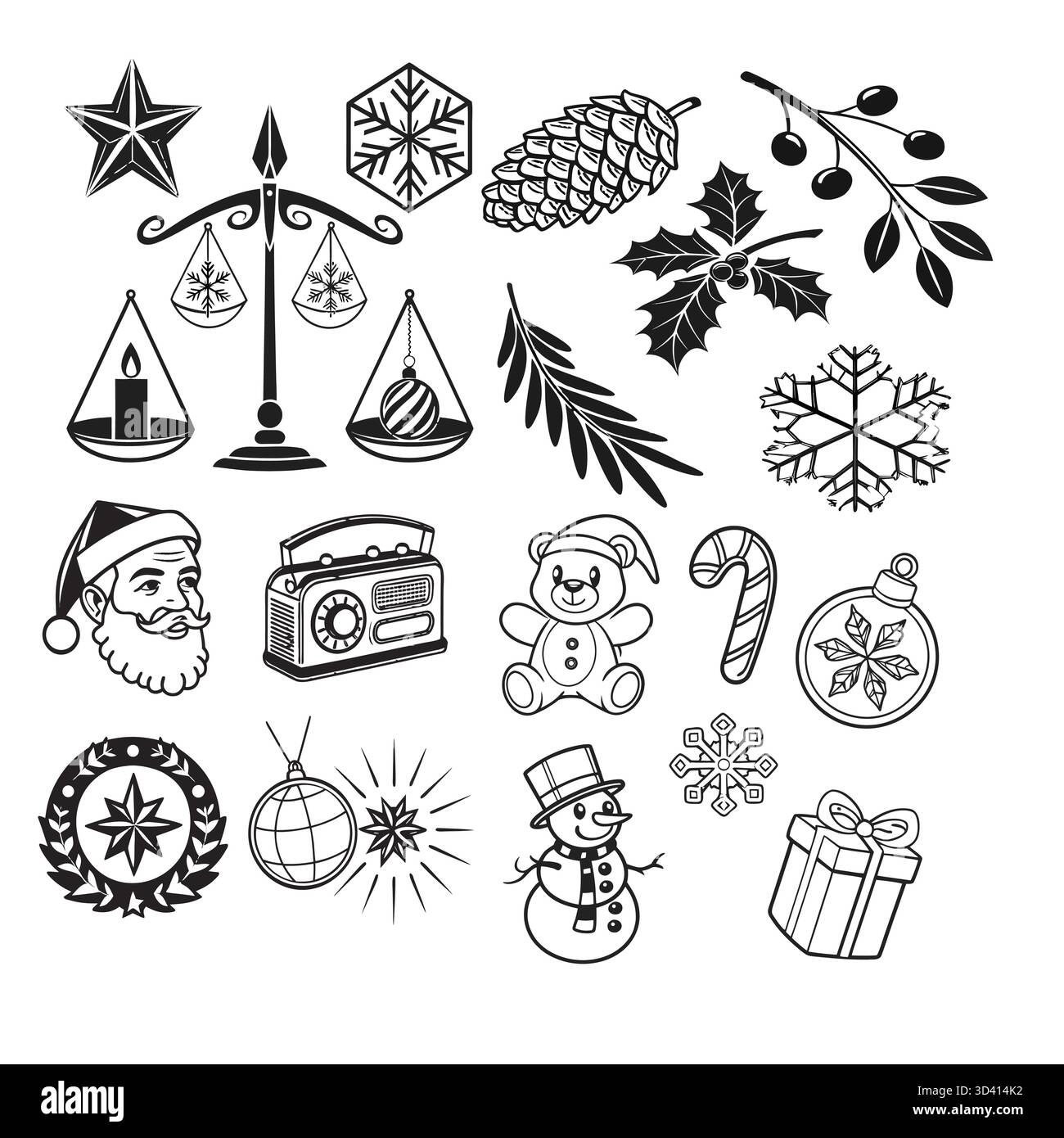 Bellissimi fiocchi di neve e spiedini stellari in stile art in bianco e nero. Ideale per eleganti biglietti di Natale, confezioni e modelli di stampa invernali. Illustrazione Vettoriale