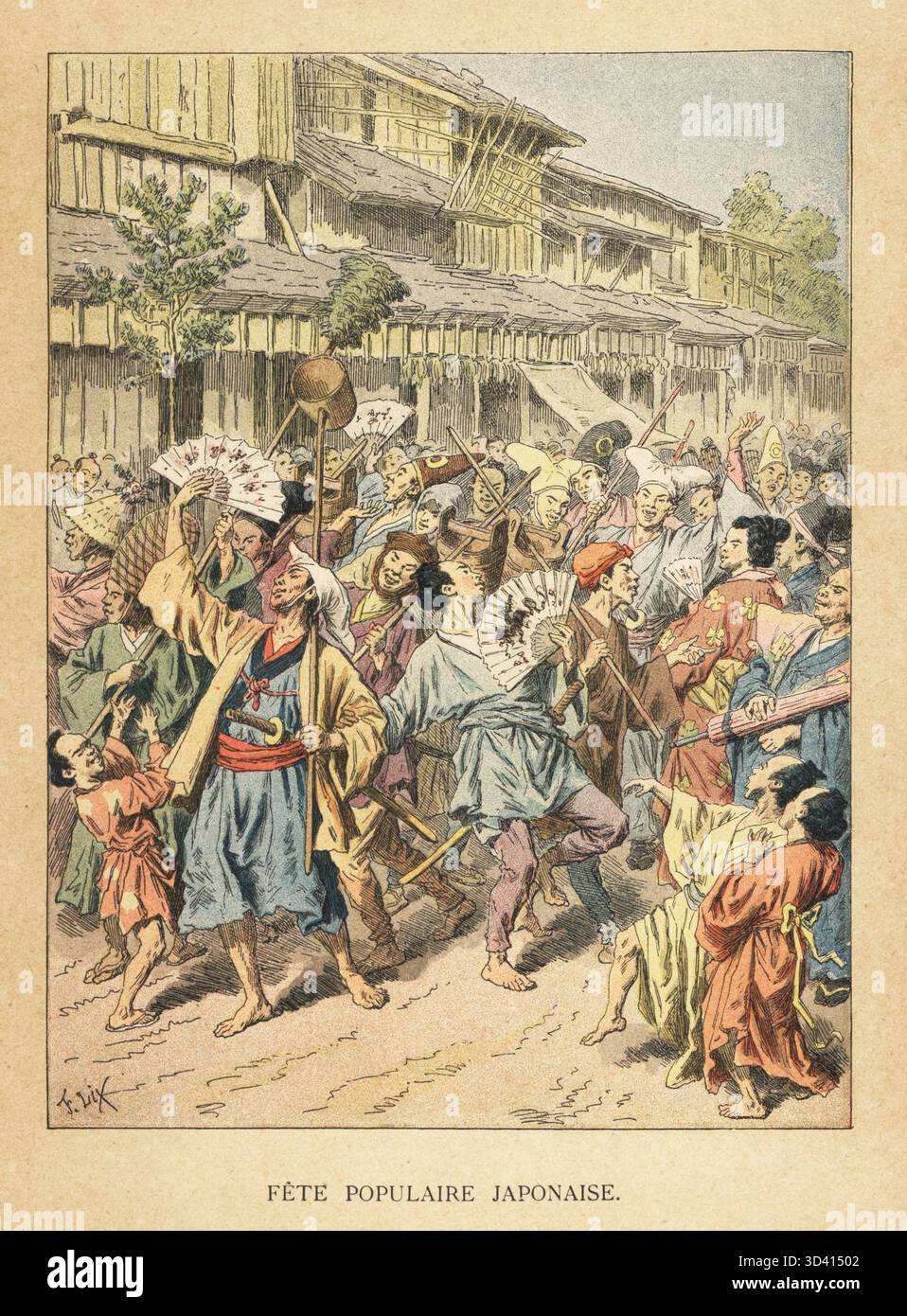 Ballerini ad un festival, Giappone. Gli uomini in grandi cappelli conici ballano in una strada che ondeggia fan, pali e secchi. Un uomo in kimono con la spada katana. Case in legno e negozi con tende sullo sfondo. Festa populaire Japonaise. Cromolitografia di S. Krakow dopo un'illustrazione di Frederic Lix da Les Peuples de la terre di Charles Delon, Peoples of the Earth, Parigi, 1890. Foto Stock