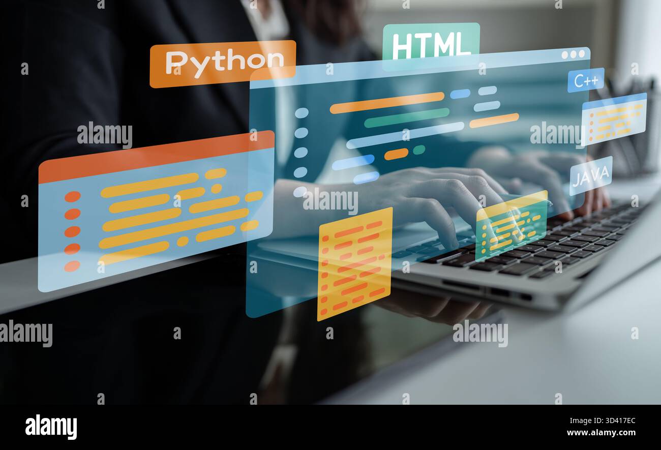 Lo sviluppo software combina strumenti di codifica, creazione di app mobili e linguaggi di programmazione per offrire soluzioni di prodotti digitali innovative. Fermo Foto Stock