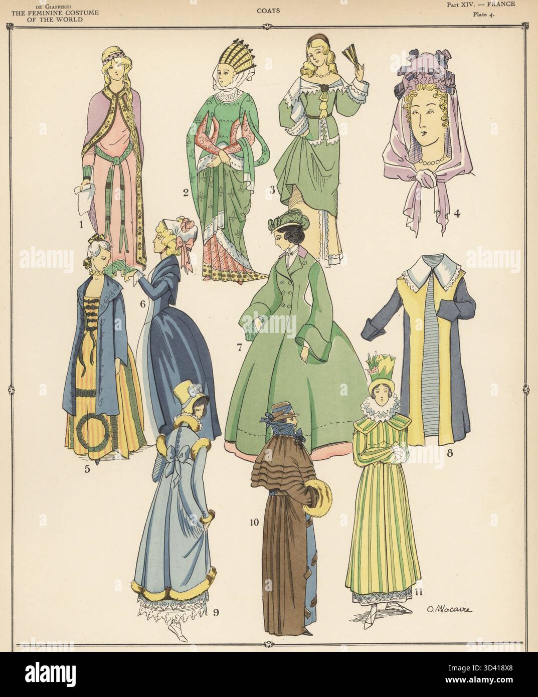 Cappotti francesi da donna. Galopone d'oro vi secolo 1, mantello rinascimentale 2, corpetto Luigi XIII e basco 3, mantlet Luigi XIV 4, mantello Luigi XV 5, camice Luigi XVI 6, mantello Napoleone III 7, Rivoluzione francese 8, Restaurazione 9,10 e Impero napoleonico 11. Litografia di pocoro (stencil) colorata a mano di O. Macaire dalla storia del costume femminile del mondo di Paul Louis de Giafferri, Foreign Publications, New York, 1927. Foto Stock