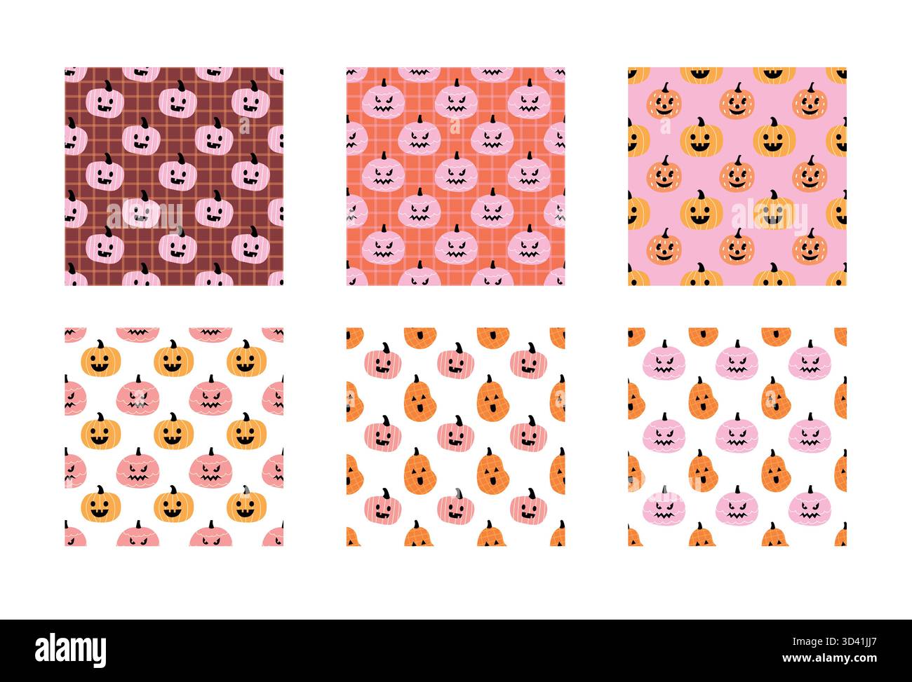 Set di simpatici motivi Halloween di zucca rosa disegnati a mano senza cuciture Illustrazione Vettoriale