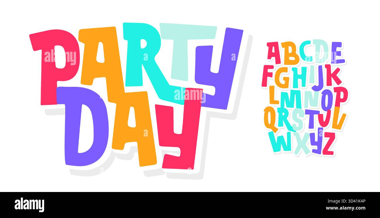 Carattere funky carnevale, alfabeto cartoni animati colorato, lettere divertenti, tipo festivo gioioso per il logo Bright Happy, titolo fumetto divertente, rimbalzo Illustrazione Vettoriale
