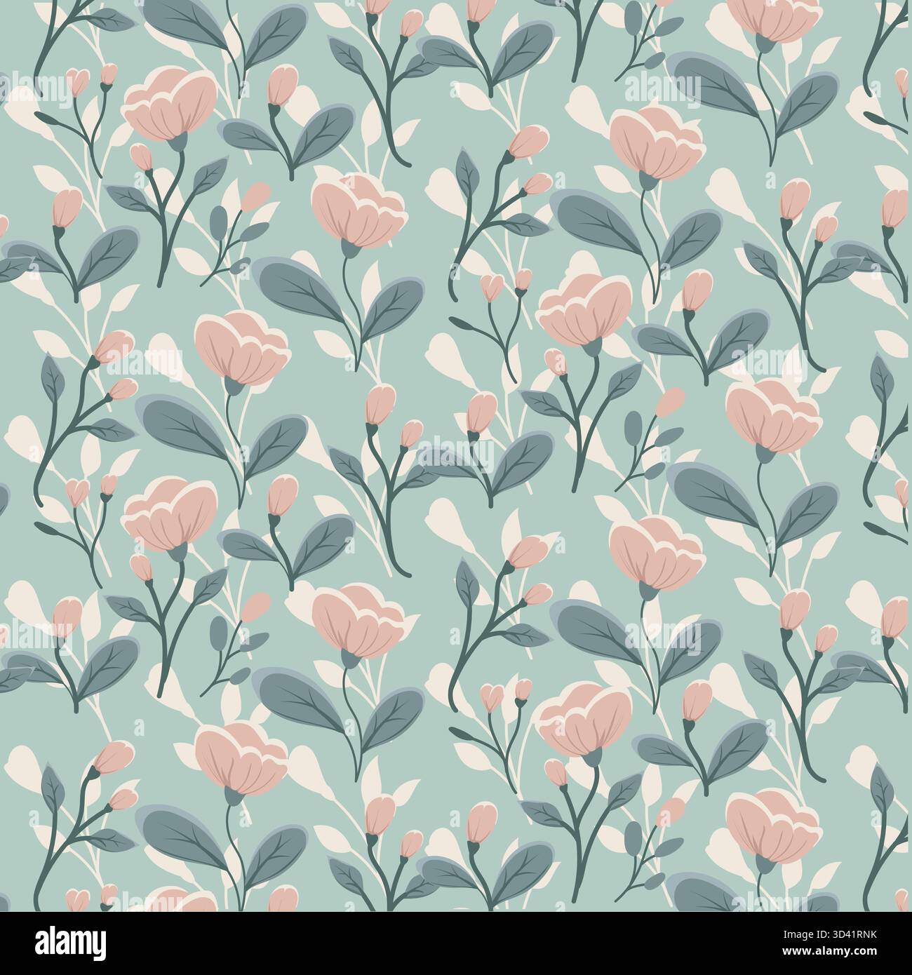 Delicato motivo floreale caratterizzato da fiori rosa blush e foglie verde salvia, perfetto per aggiungere un tocco di eleganza a sfondi e tessuti. Illustrazione Vettoriale