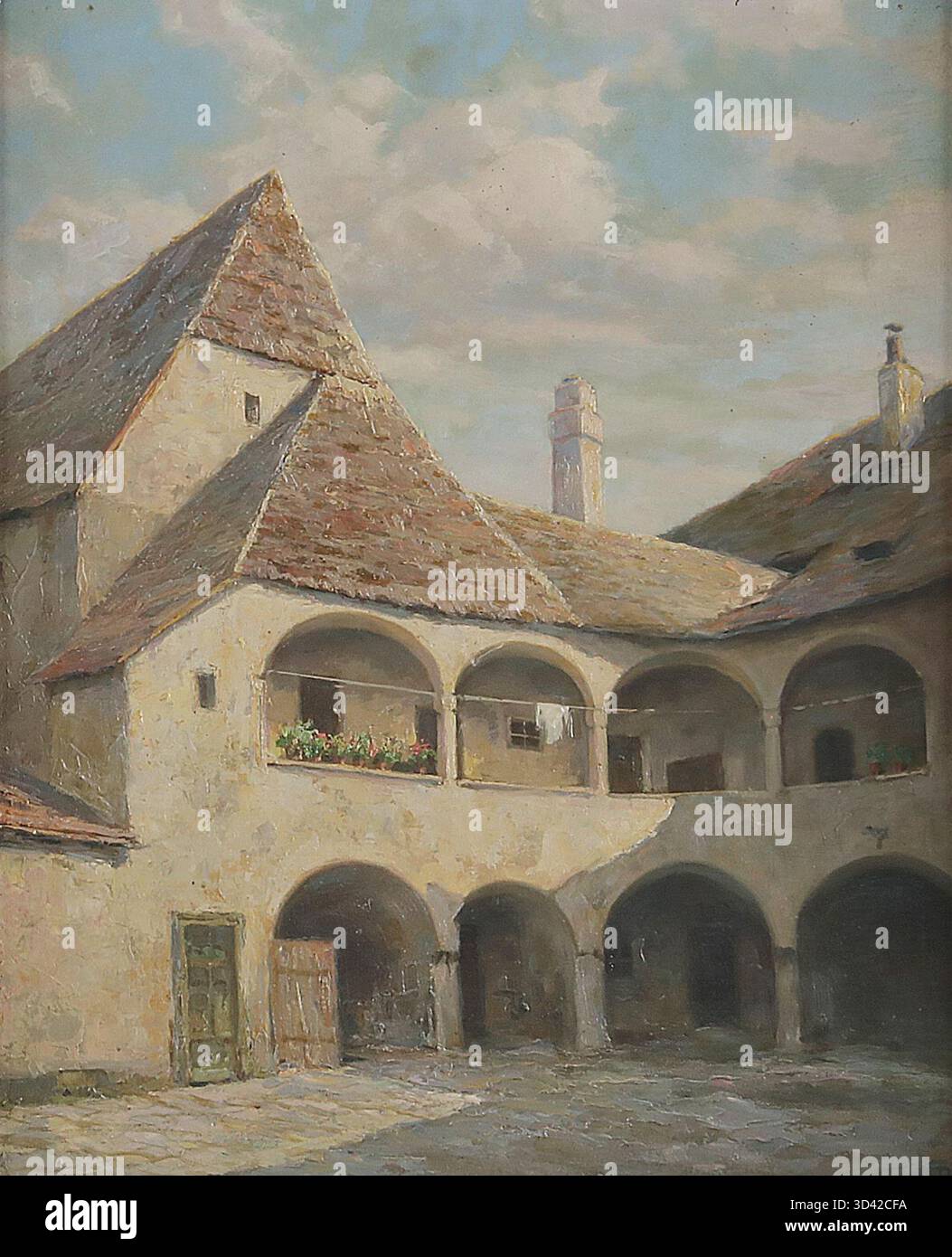 Un dipinto ad olio del 1931, intitolato "Posthof in Krems", firmato e datato con il monogramma "FM". Il dipinto misura 52 x 42 cm e raffigura il Posthof a Krems, Austria. Foto Stock