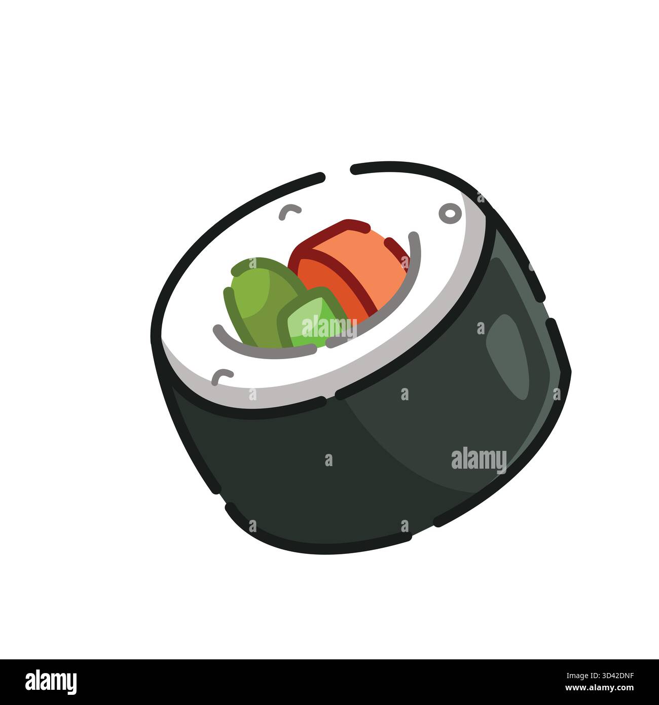 Divertente esempio di sushi roll con salmone, riso e verdure verdi avvolte in alghe scure Illustrazione Vettoriale