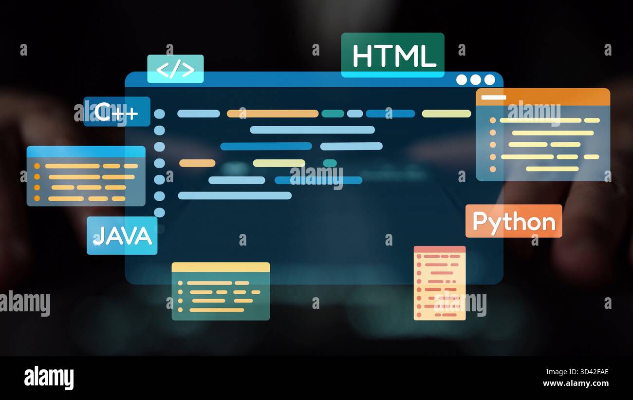 Sviluppo di software con sovrapposizioni di codifica, linguaggi di programmazione, strumenti per sviluppatori, creazione di app mobili e programmazione avanzata per prodotti digitali Foto Stock