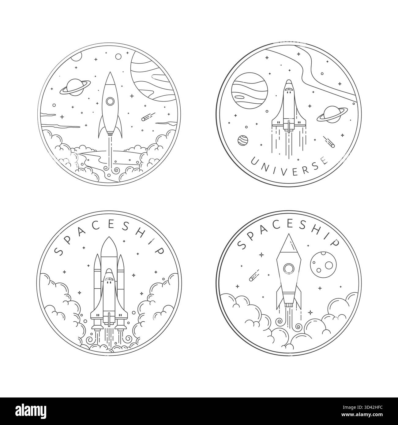 Quattro illustrazioni minimaliste raffigurano navicelle spaziali che si lanciano nello spazio, circondate da nuvole, pianeti e stelle all'interno di distintivi circolari Illustrazione Vettoriale
