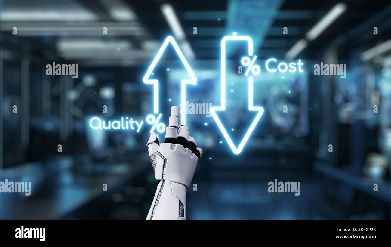 Una mano robotica dimostra un confronto digitale di qualità e costi con frecce che puntano in direzioni opposte, simboleggiando la progressione e. Foto Stock