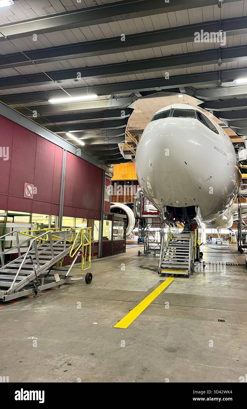 Gli aeromobili TAP Air Portugal Airbus sono in fase di manutenzione all'interno di un grande hangar tecnico con attrezzature industriali e ponteggi. - Immagine stock catturata con smartphone