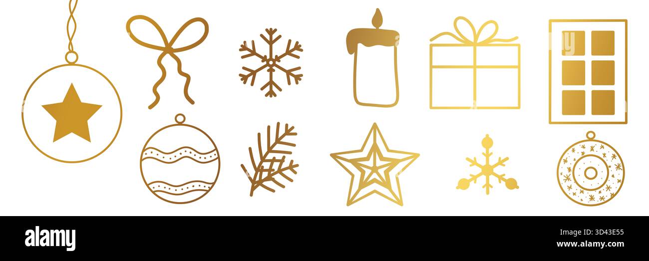 illustrazione: elementi decorativi natalizi dorati con fiocchi di neve, candela, ramo di abete, stella, palla di natale, nastro, finestra isolata Foto Stock