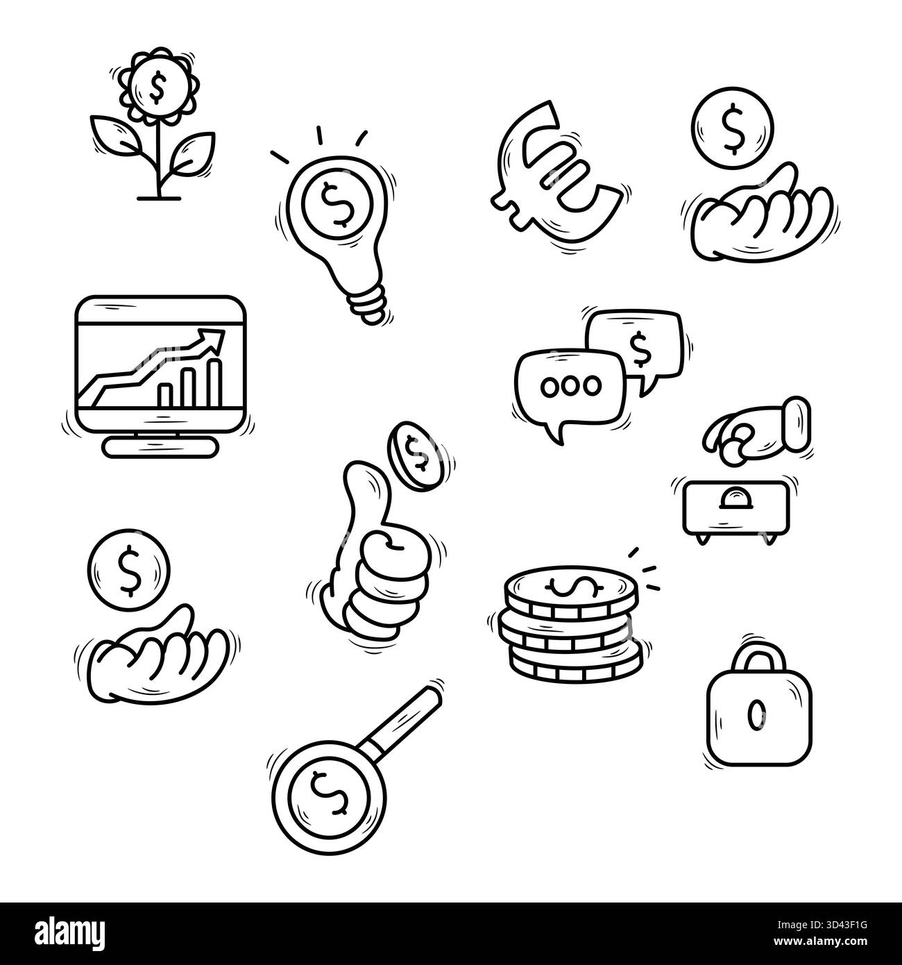 Graziosa icona della finanza in stile linea bianco e nero che presenta denaro, crescita, idee e simboli aziendali Foto Stock
