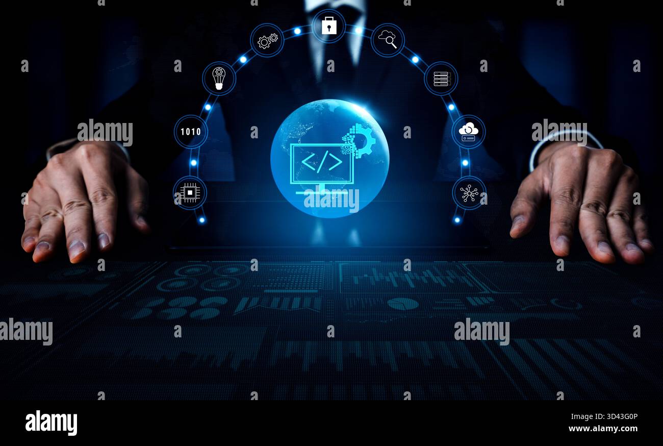 Sviluppo software globale e soluzioni di codifica. Potenziare le aziende con lo sviluppo di applicazioni personalizzate e l'innovazione tecnologica. Motivo Foto Stock